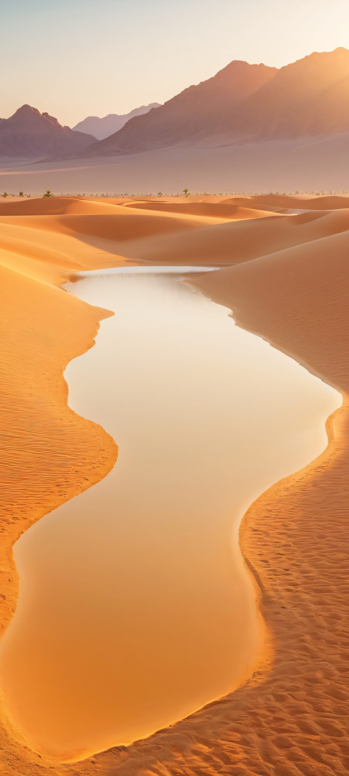 Desert Serenity Aesthetic Phone Wallpaper iPhone and Android users, immerse yourself in the tranquil beauty of Lake Oasis during golden hour, a stunning desert landscape with soft hues and serene atmosphere.