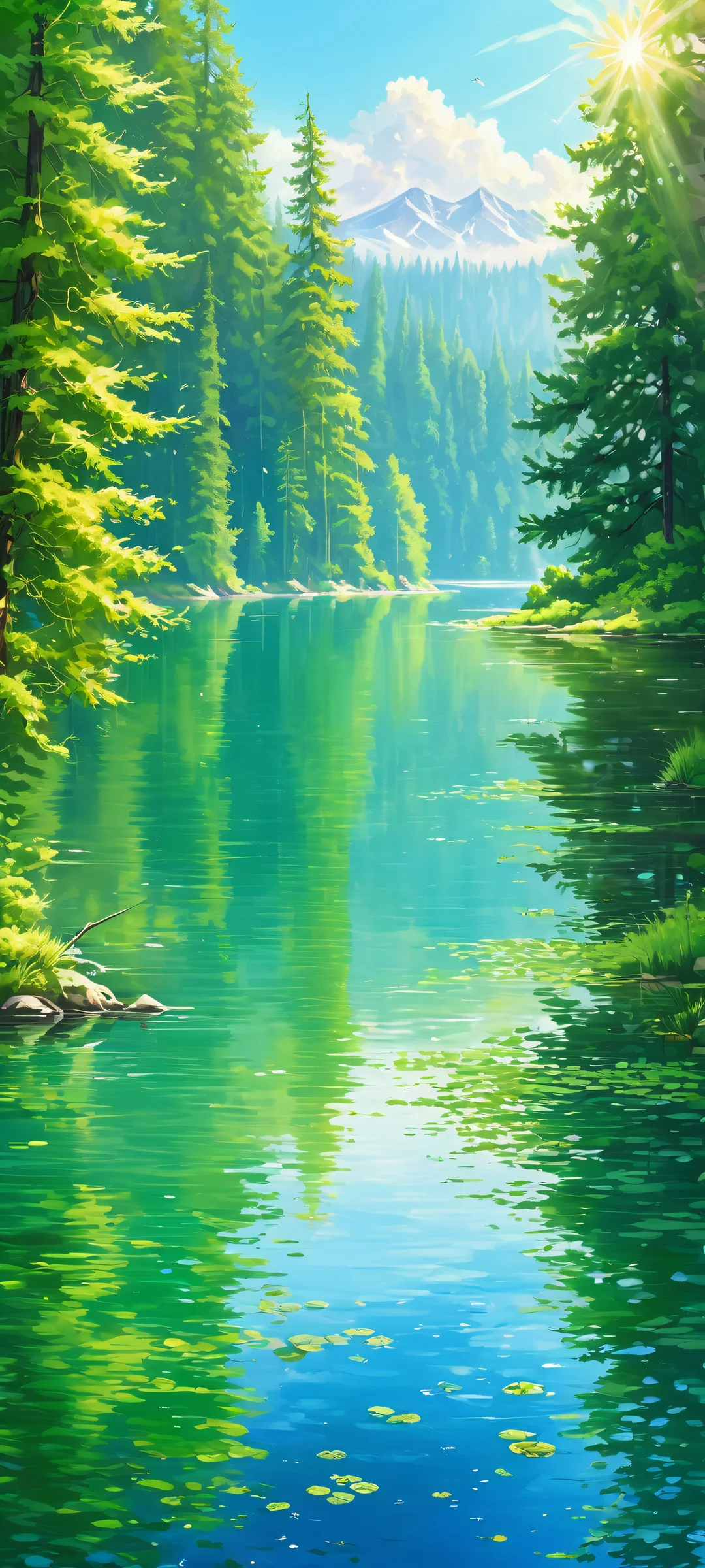 A serene lake scene with vibrant green trees and a sun-kissed sky, perfectly suited for iPhone or Android home screens.