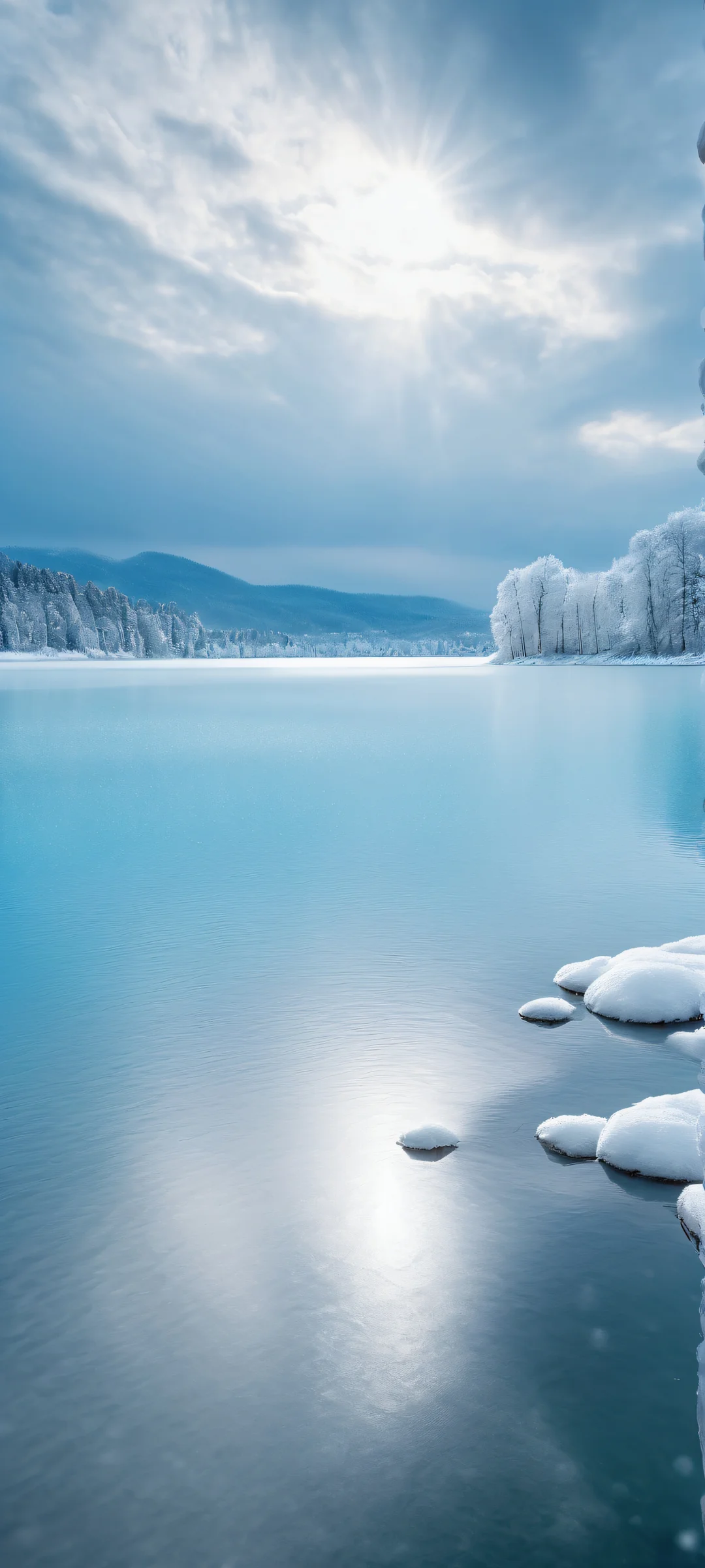 Breathtaking overcast sky with clouds and snow at Lake, perfectly captured for iPhone/Android home screens.