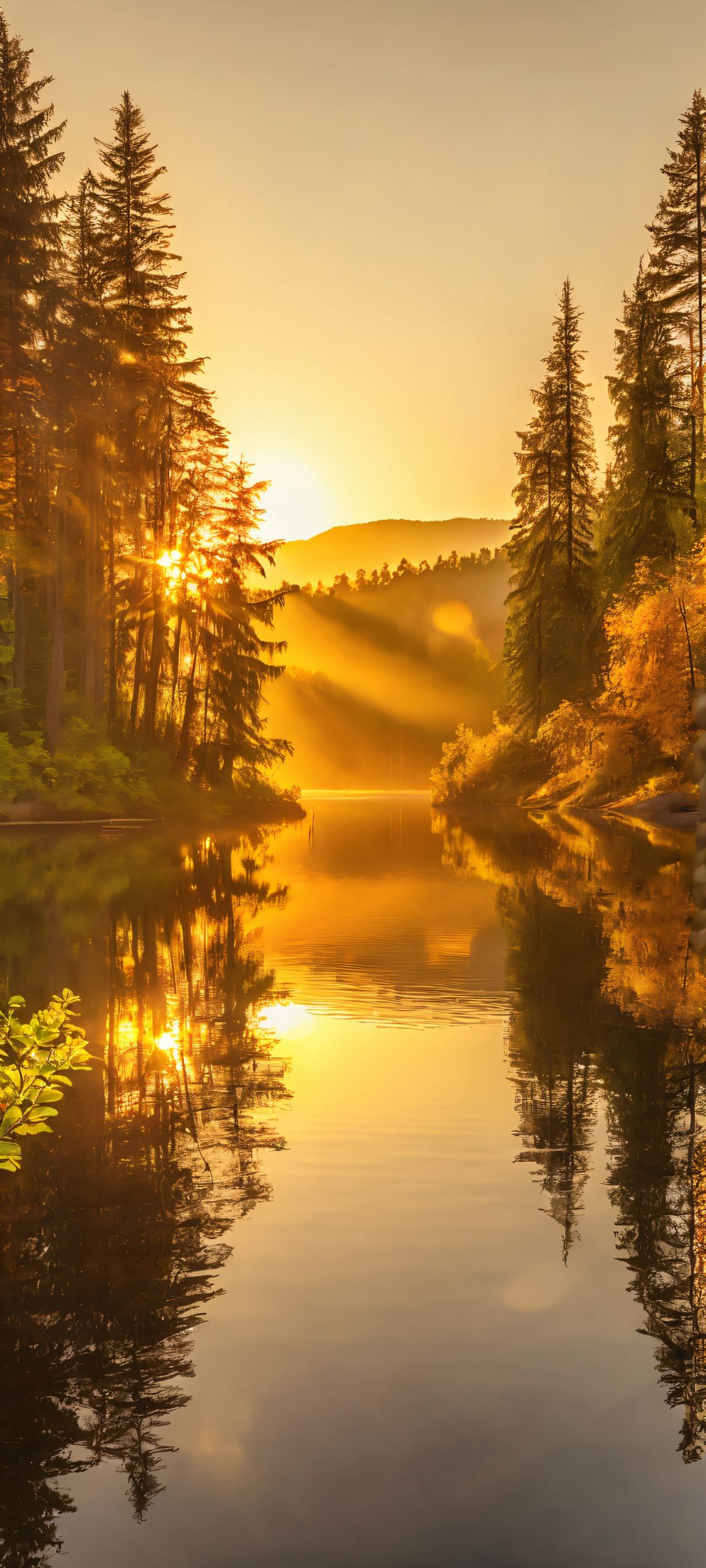 Golden Hour Woodscape Aesthetic Phone Wallpaper A serene lake reflection in a dense forest during golden hour, perfect for iPhone/Android home screens.