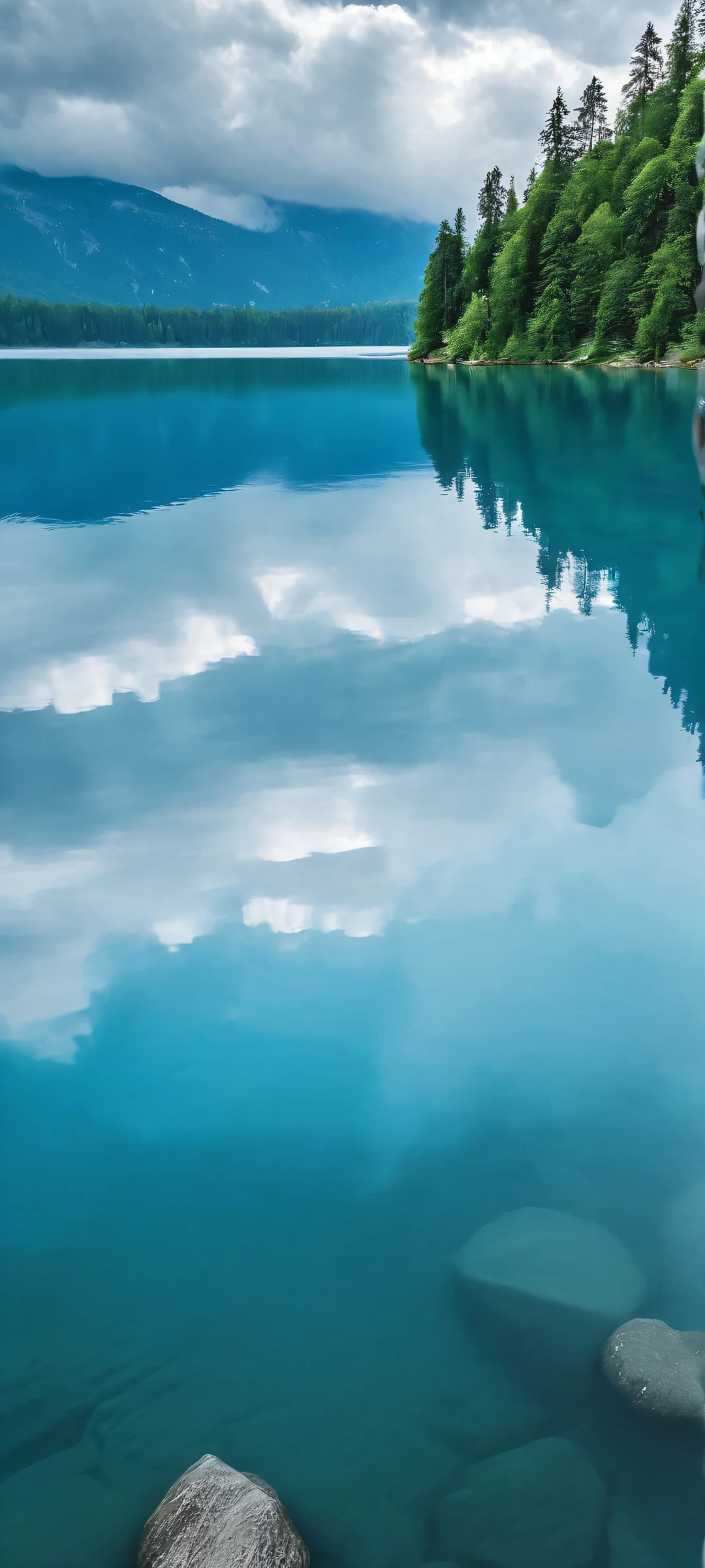 iPhone and Android users will love this stunning vertical lake photography wallpaper featuring overcast skies and serene reflections.