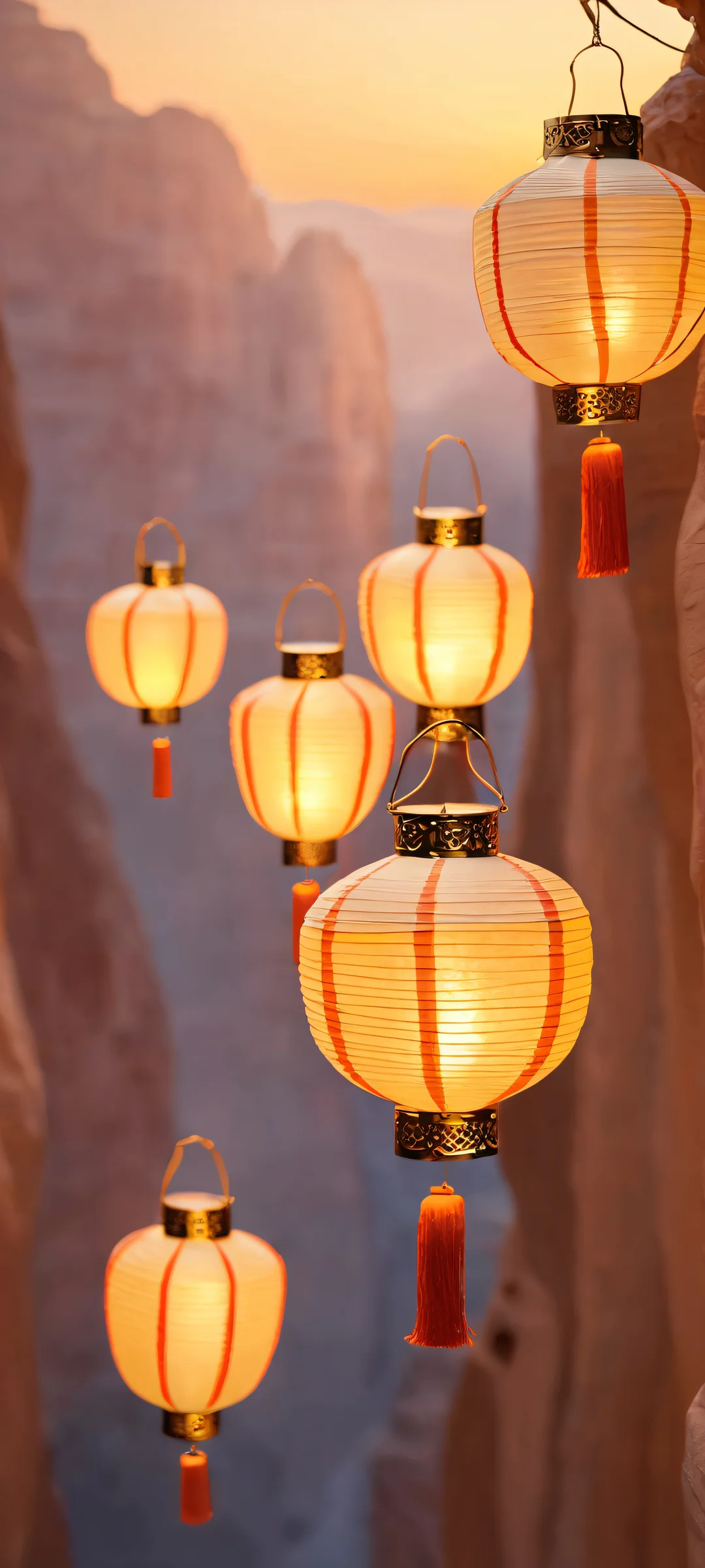 Lantern Haven Aesthetic Phone Wallpaper Breathtaking vertical mobile wallpaper of lanterns and canyon landscapes, perfect for iPhone/Android home screens.