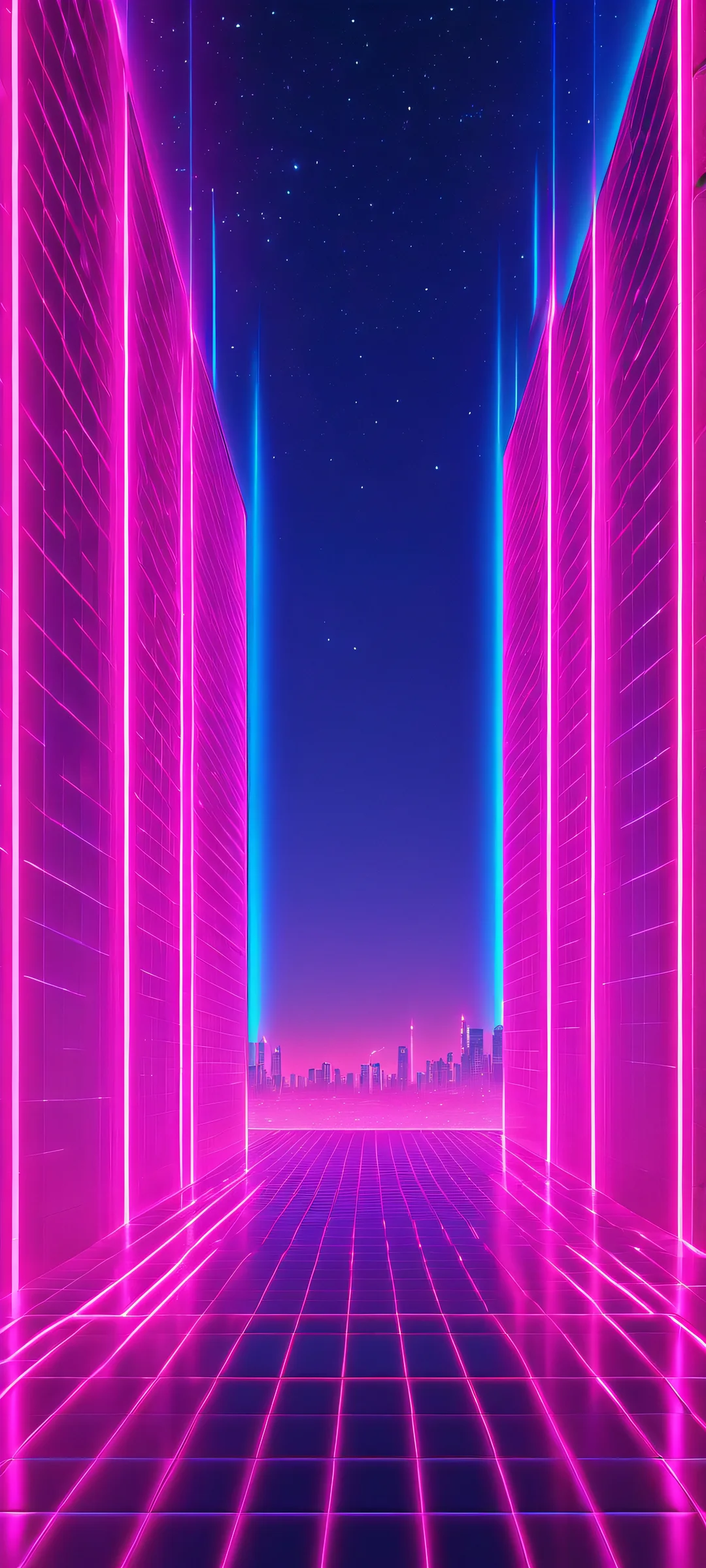 Laser Horizon 2K Phone Wallpaper A mesmerizing neon-lit horizon on an iPhone/Android device, perfect for setting the tone with a retro-futuristic vibe.