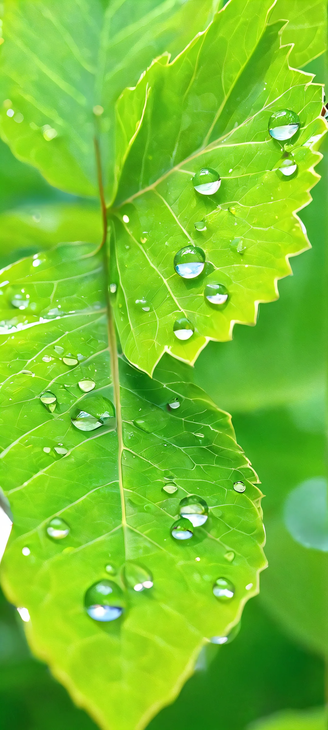 A stunning close-up of leaves and water drops bathed in warm sunlight. Perfect for iPhone or Android home screens.