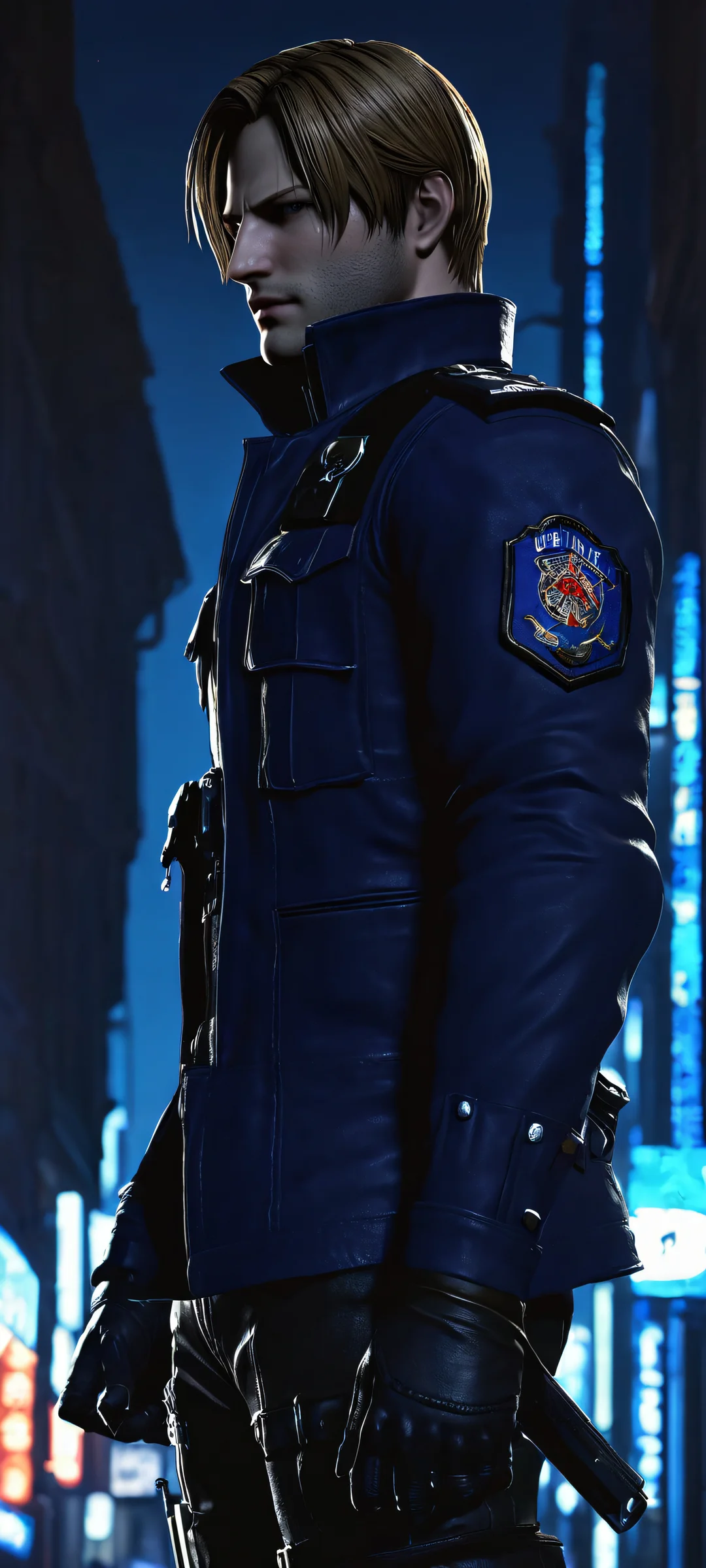 Leon Kennedy standing under the city's dark ambient glow on a iPhone or Android phone screen