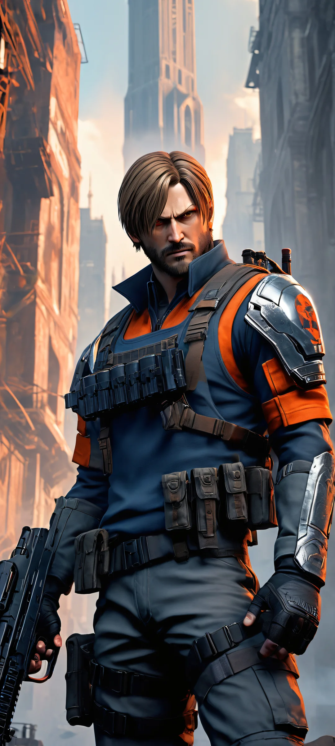 iPhone/Android user icon Leon Kennedy standing amidst post-apocalyptic ruins, with intricate gun details and vibrant cityscape. Perfectly optimized for iPhone, Samsung Galaxy, and Android home screens.