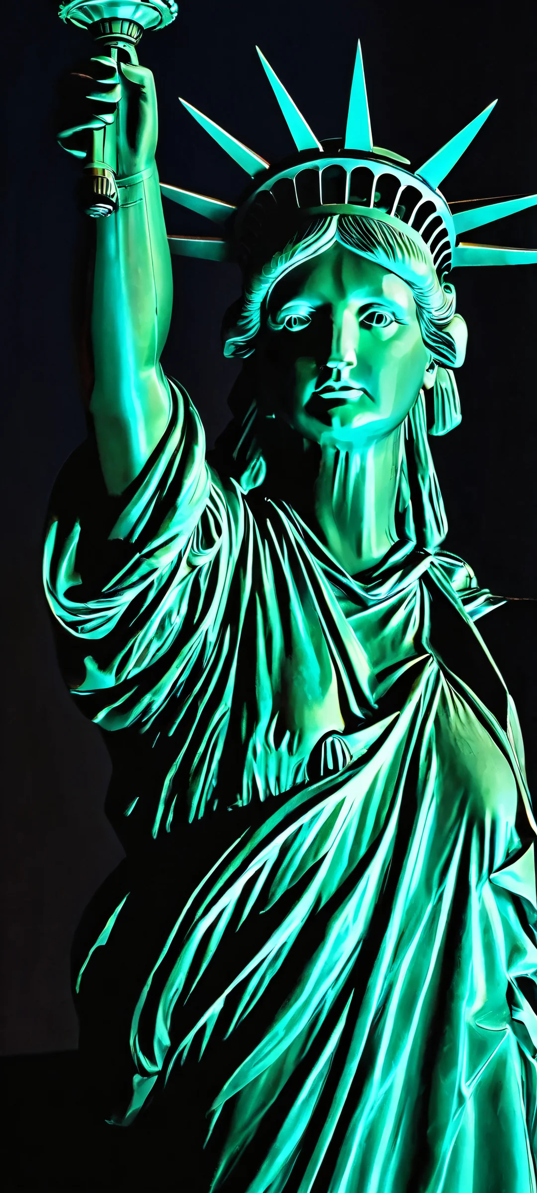 Liberty in Shadows iPhone & Samsung QHD Wallpaper A beautiful portrait of Lady Liberty set against a darkened metal background. Perfectly optimized for iPhone and Android home screens.