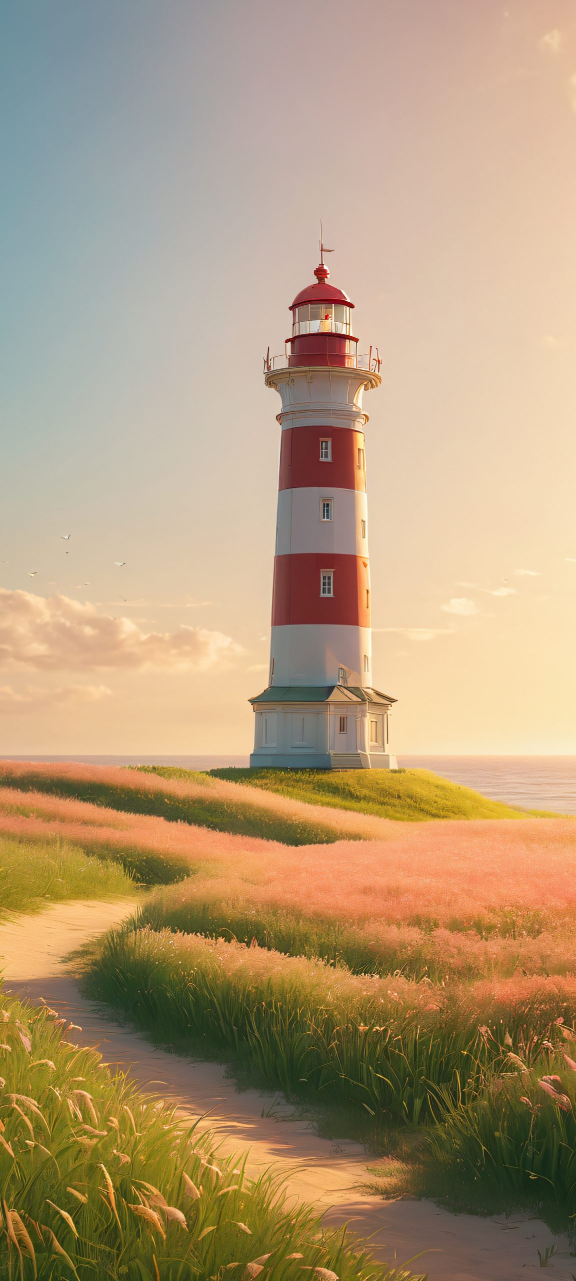 Stunning coastal landscape of a lighthouse set amidst a vibrant green grass field, perfectly optimized for iPhone, Samsung Galaxy, and Android home screens.