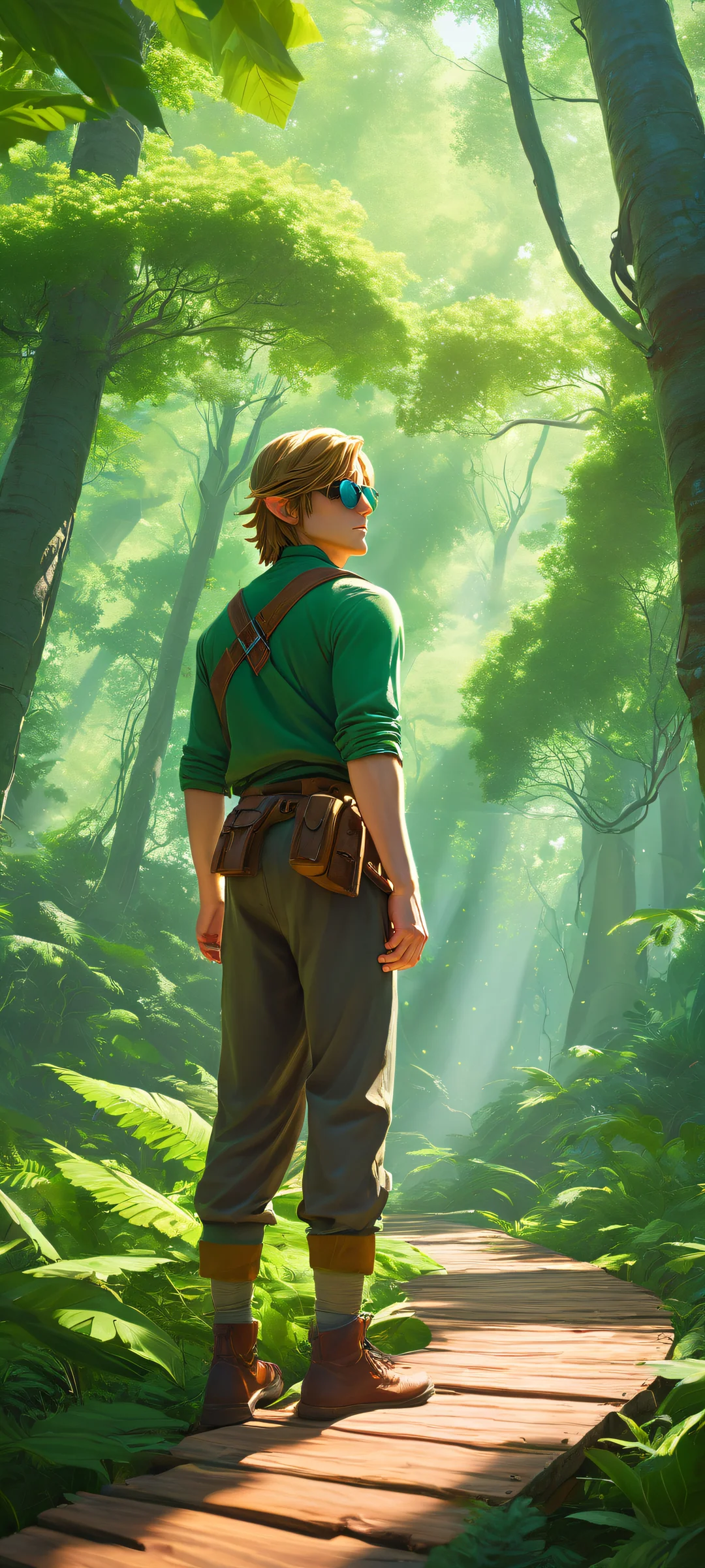 iPhone/Android friendly artwork of Link standing at a wooden kiosk in the Lost Woods, wearing sunglasses and a suit. Perfect for mobile home screens.