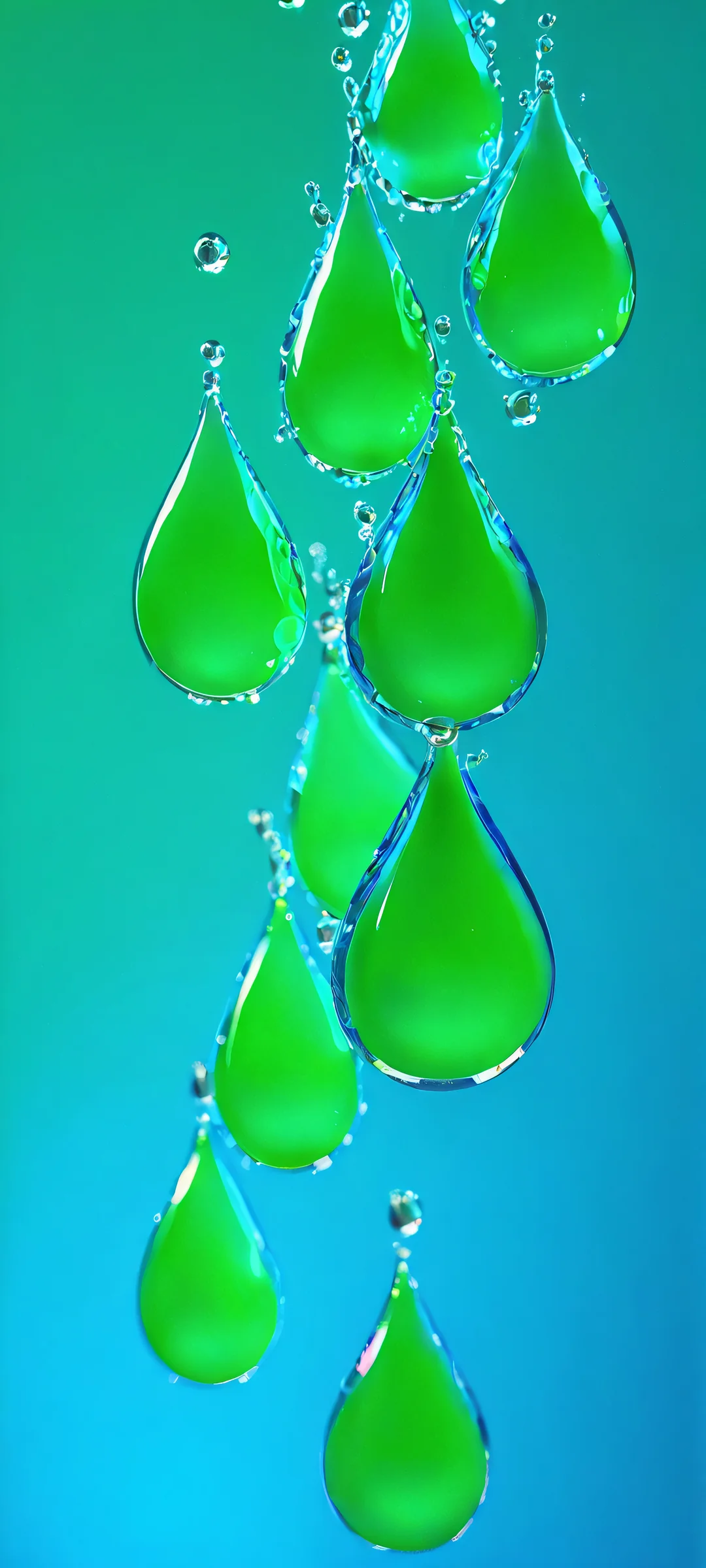 Illuminated liquid drops in electric blue and lime green on a dark background, iPhone/Androidのホーム画面に完全に最適化.