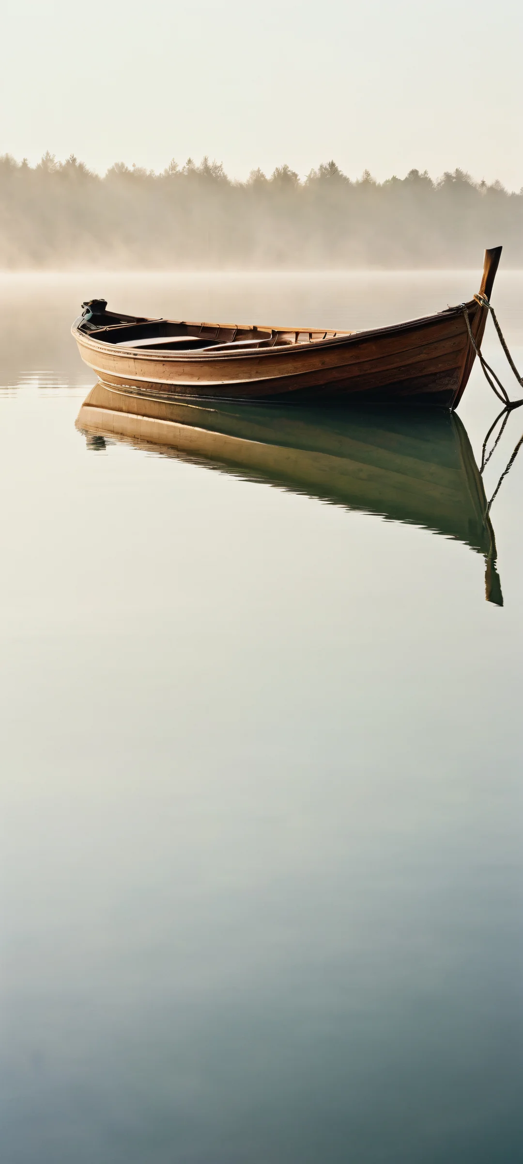 A serene scene of a lone wooden boat on the misty lake shore, perfectly optimized for iPhone and Android home screens.