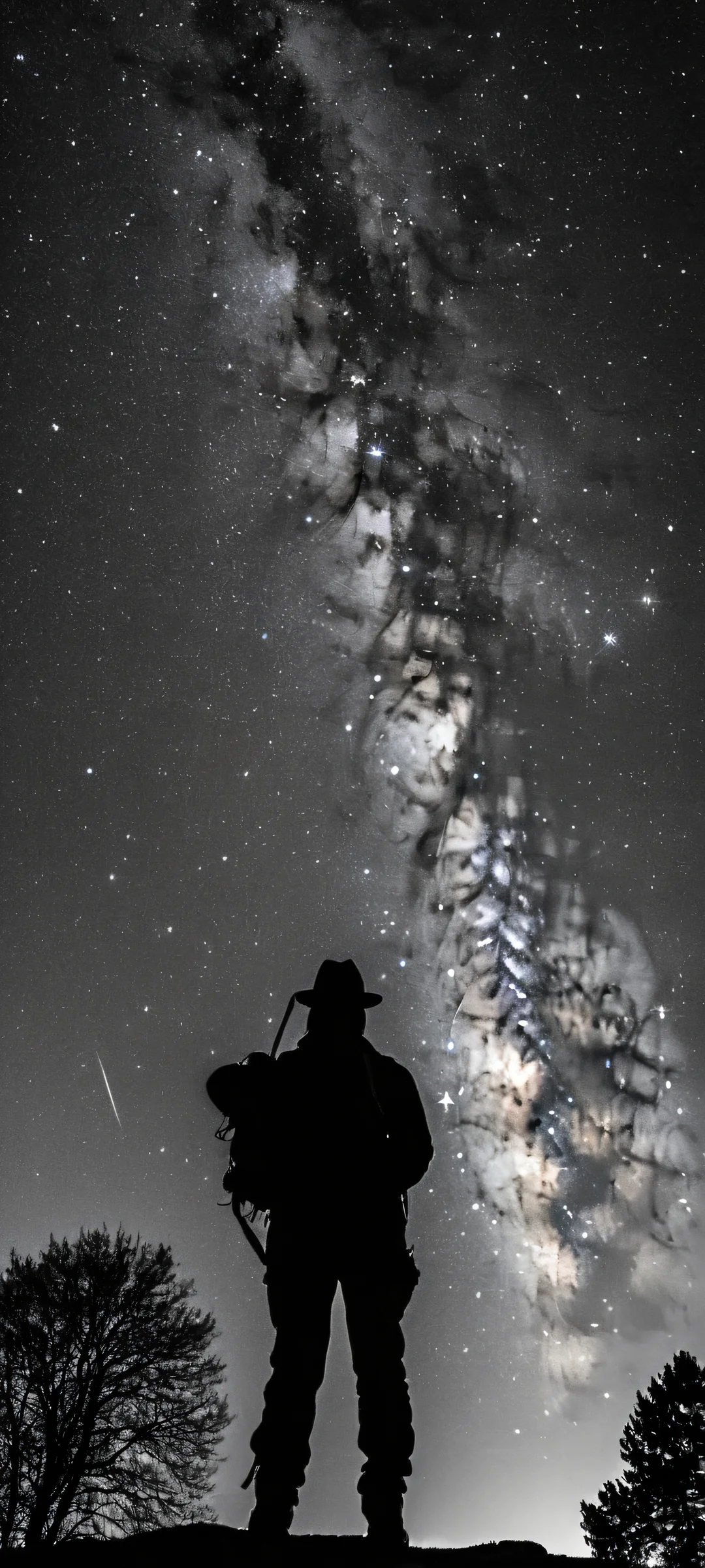 A lone explorer stands out against a breathtaking starry night sky on an iPhone or Android device.