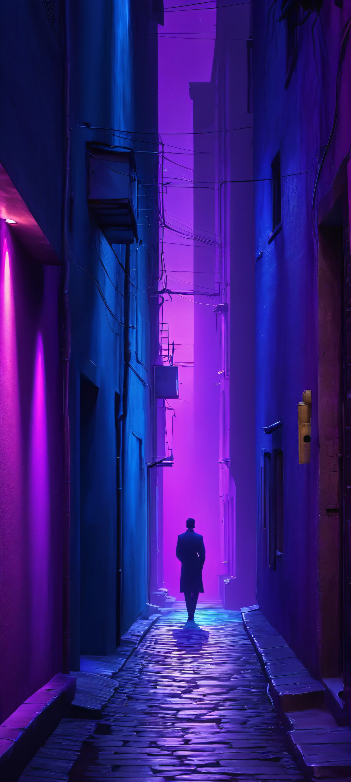 Midnight Reverie Lock Screen for iOS & Android Lone figure stands alone in a dark alleyway bathed in the eerie glow of neon lights. Perfectly optimized for iPhone and Android home screens.