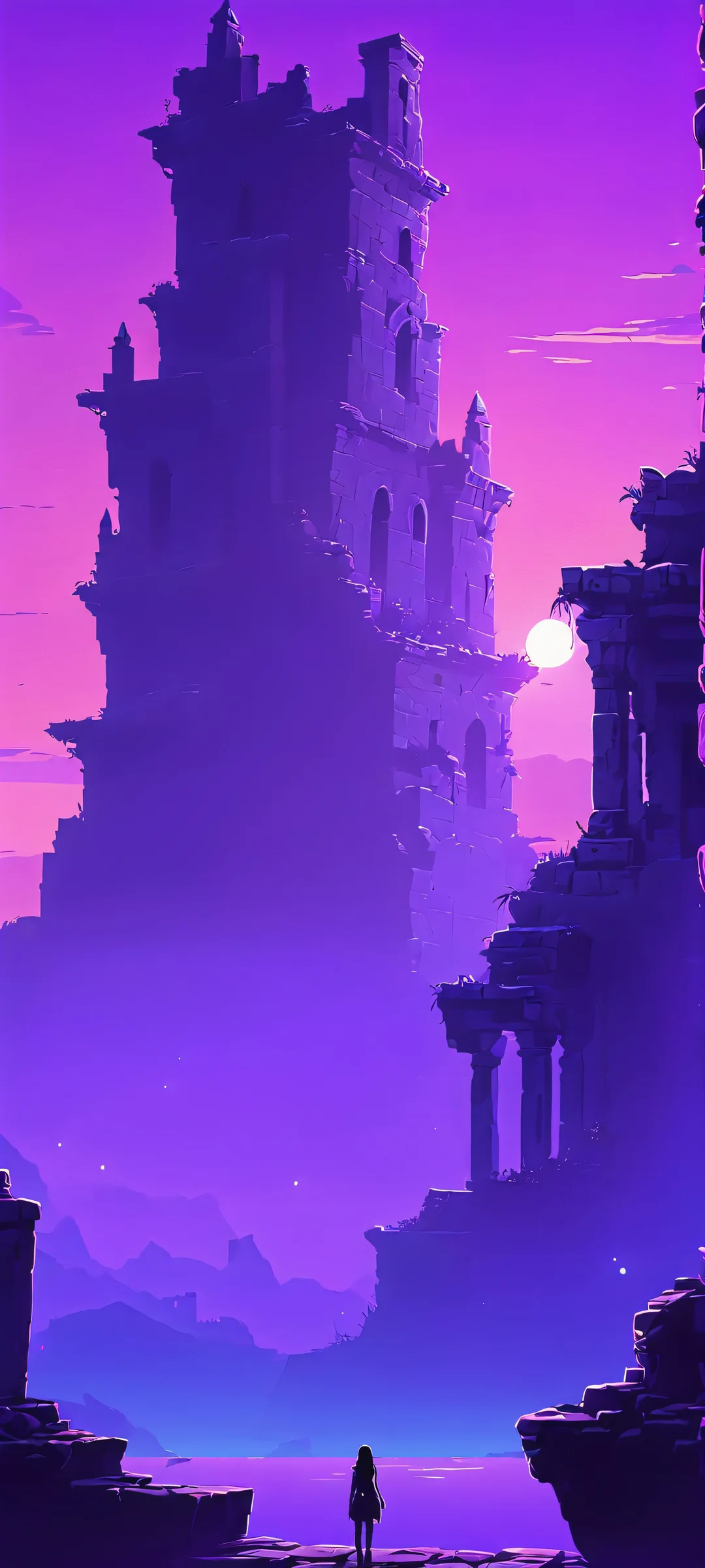 A stunning vertical mobile wallpaper of a lone girl standing amidst glowing purple ruins, perfect for iPhone and Android home screens.