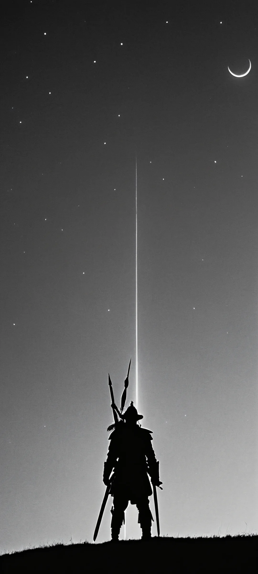 A majestic lone warrior stands strong under the neon-lit sky of a moonlit city, perfectly suited for iPhone and Android home screens.