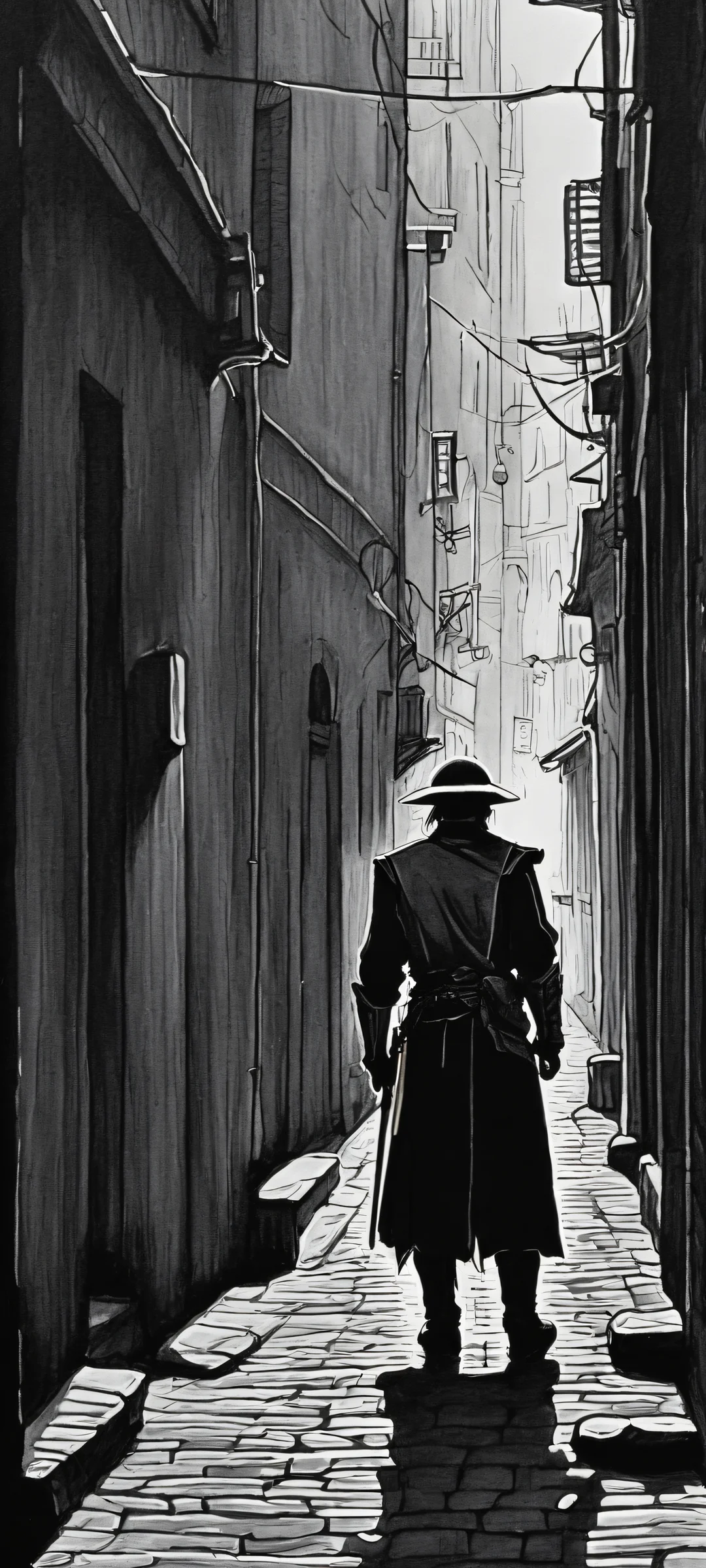 Lone Warrior in the Shadows QHD Phone Background A hauntingly beautiful sketch art of a lone warrior lurking in the shadows, perfectly suited for iPhone and Android devices.