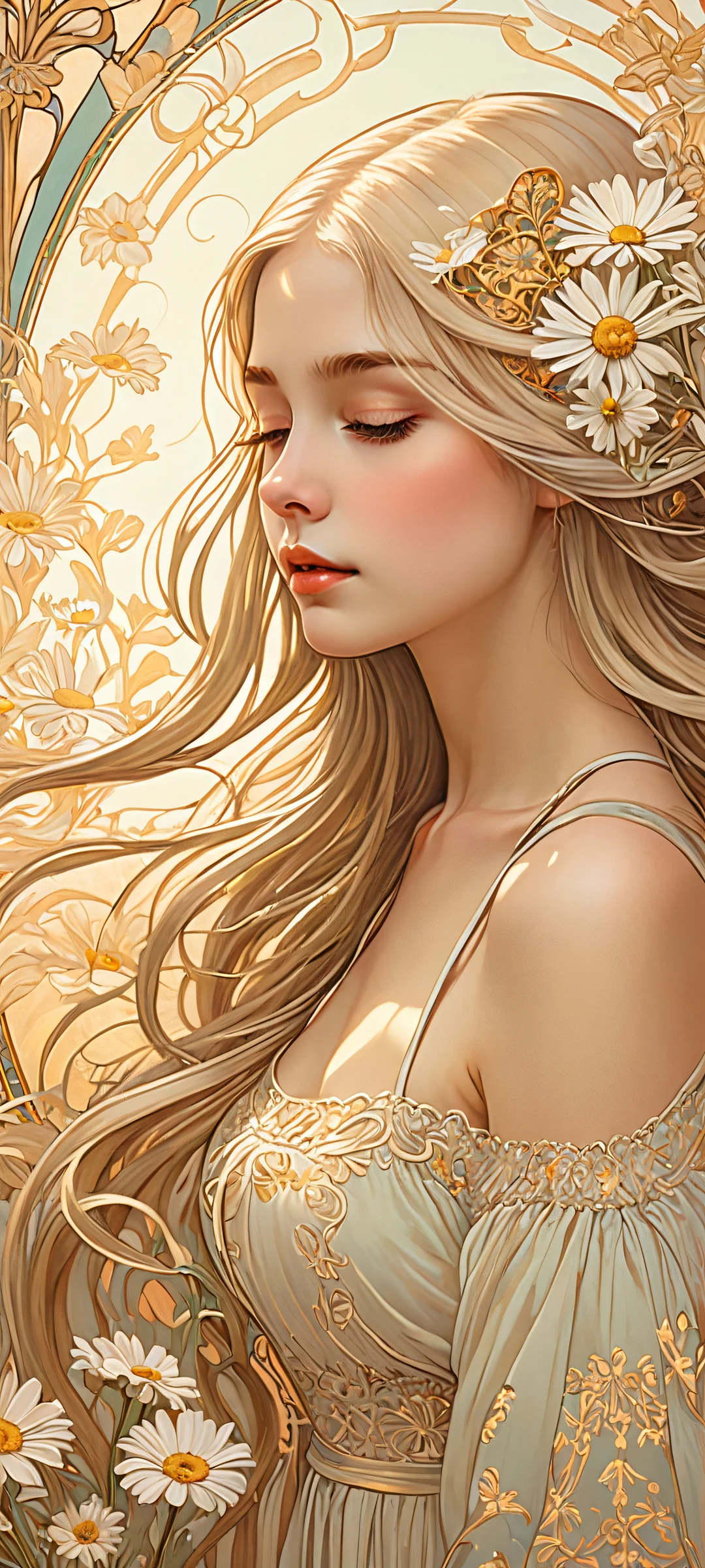 A beautifully illustrated girl with impossibly long hair, surrounded by intricate art nouveau patterns and soft golden lighting. Perfect for iPhone or Android home screens.