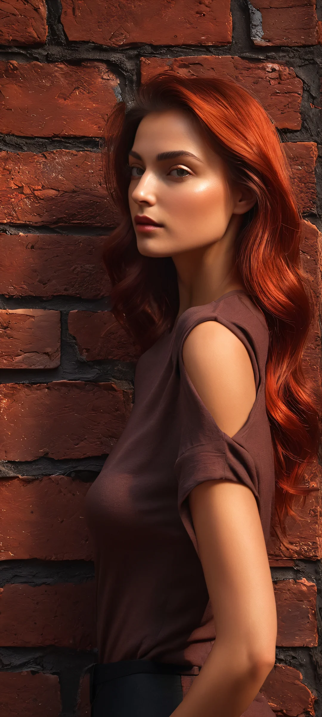 Portrait of Lora Delipri posing against a dark brick wall texture with moody realism and soft shining skin tones. Perfectly optimized for iPhone, Samsung Galaxy, and Android home screens.