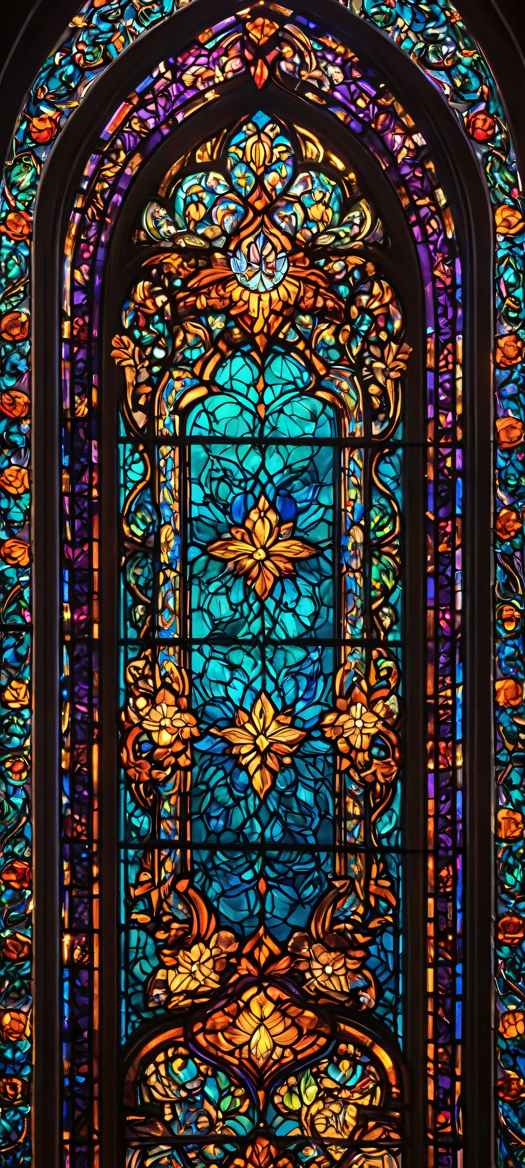 Breathtaking vertical mobile phone wallpaper of Lora, featuring a stained glass window masterpiece with glowing dark jewel tones. Perfect for iPhone and Android home screens.