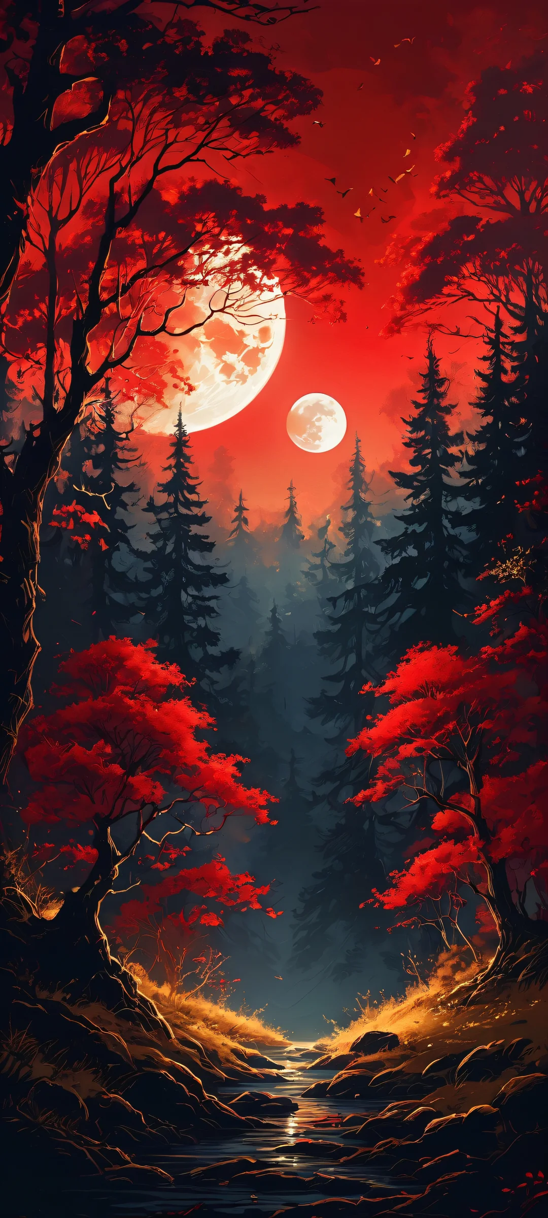 Lora's Enchanted Oasis 2K QHD Home Screen Beautiful moonlit forest scene of Lora in a stunning red and gold robe, perfect for iPhone or Android home screen.