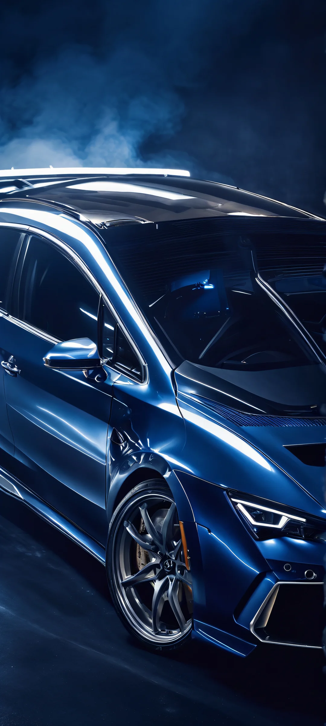 Beautiful low-light scene of Lora's Dark Engine Bay with metallic silver and deep blue tones, perfect for iPhone/Android.