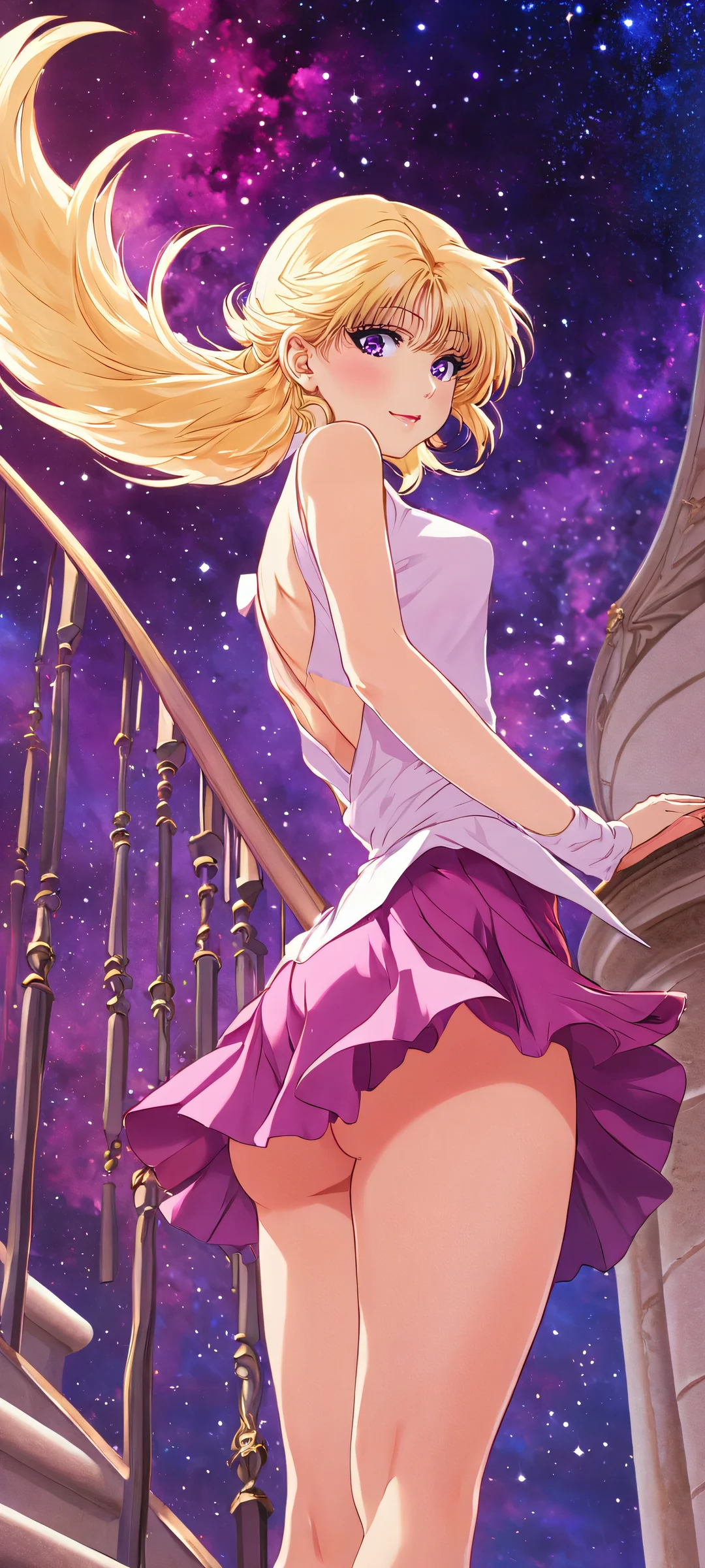 iPhone and Android users will love this stunning mobile wallpaper featuring Lora SailorVenus ascending to the stars. The vibrant colors of pink, purple, and blonde shine bright on your home screen.