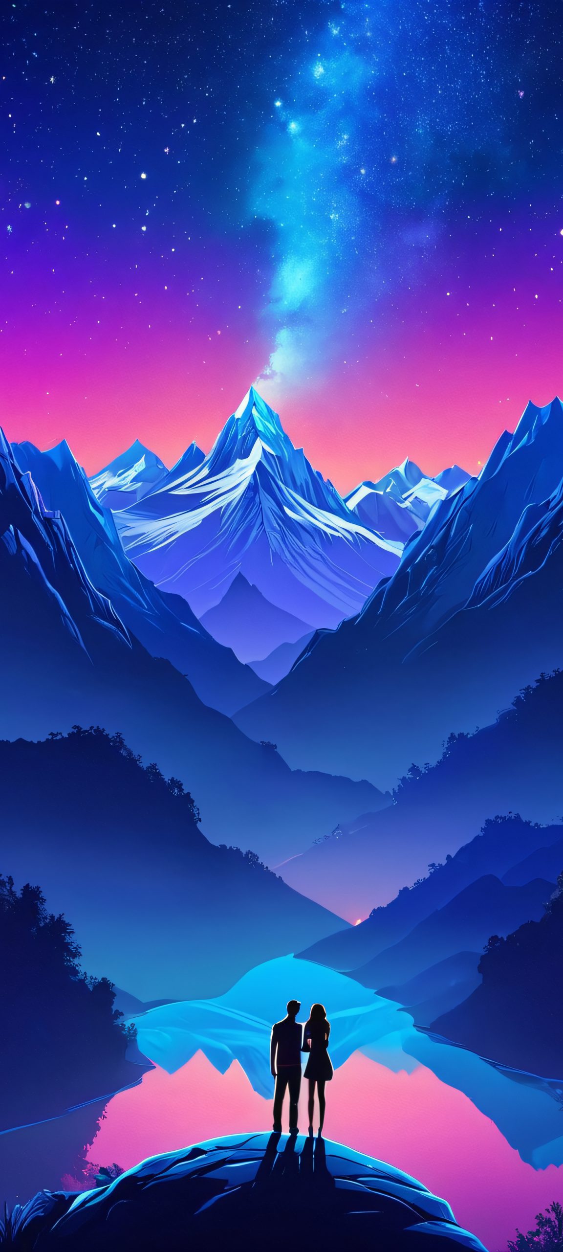 A surreal lover's mountain scene at night, perfect for iPhone and Android home screens.