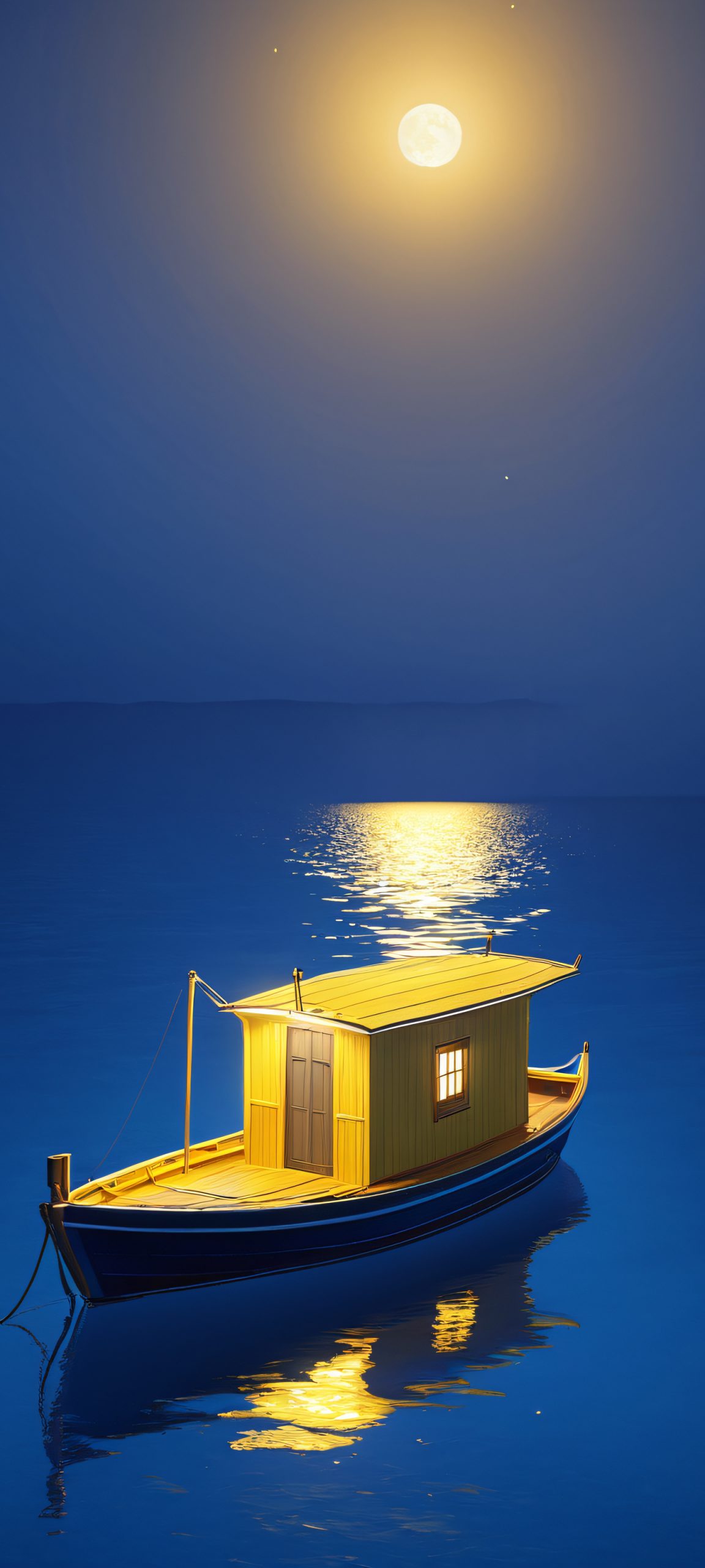 iPhone and Android users can set this stunning seaside scene as their mobile wallpaper, featuring a luminous boat under a starry night sky.