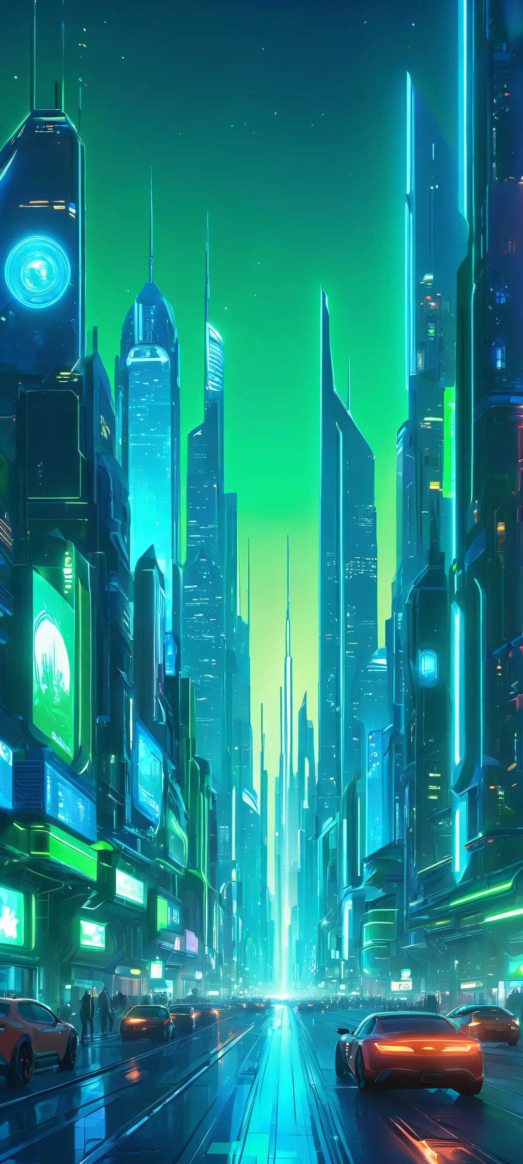 Breathtaking digital art of a futuristic cityscape glowing with luminous blue and green hues, perfectly suited for iPhone/Android home screens.