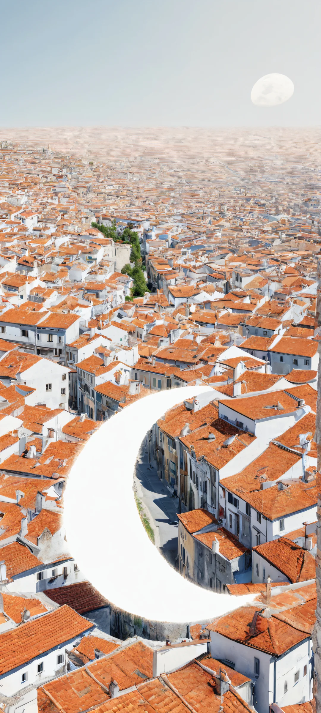 A breathtaking vertical mobile phone wallpaper featuring a stylized crescent moon with micro-details on a pristine urban landscape, perfect for iPhone/Android home screens.