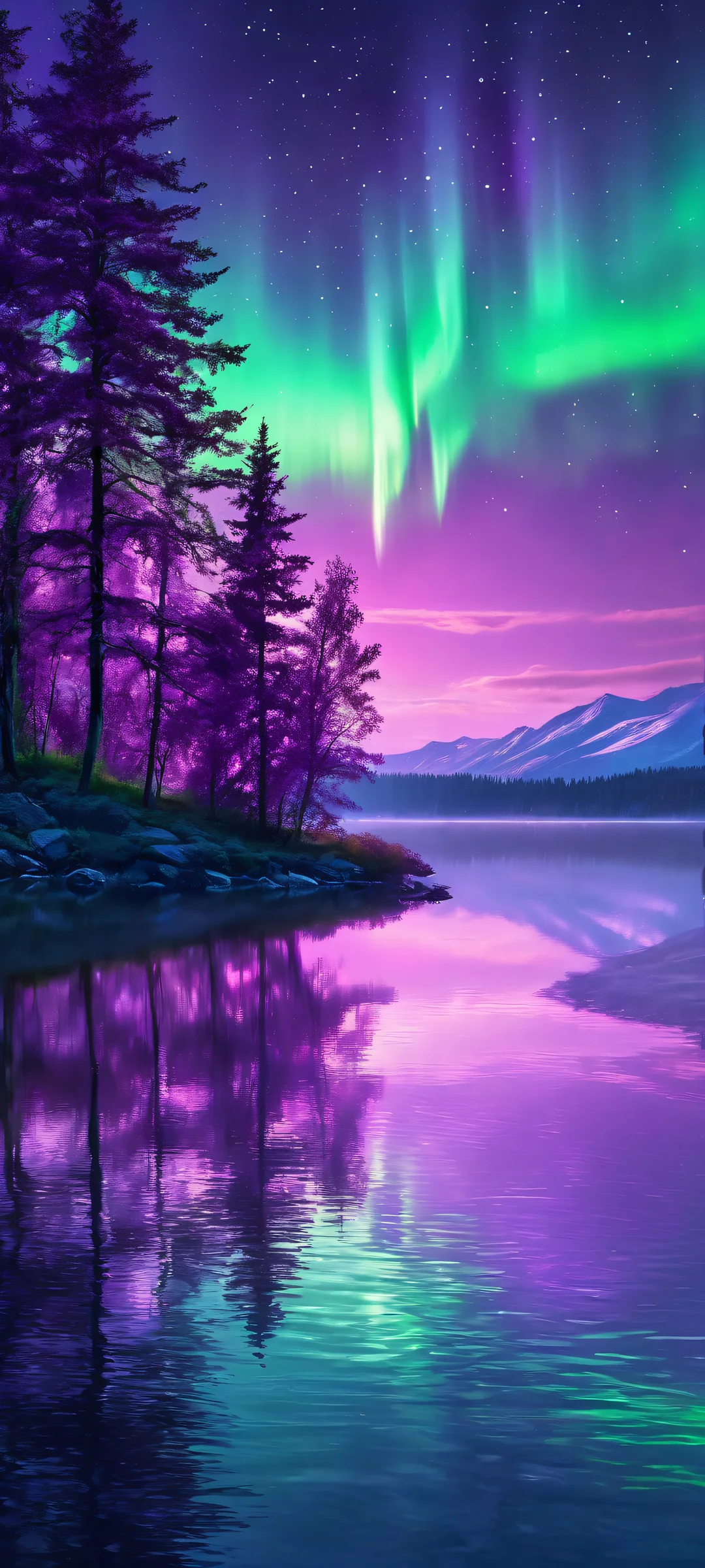 Stunning photorealistic image of the aurora borealis over a serene lake at twilight on an iPhone or Android device.