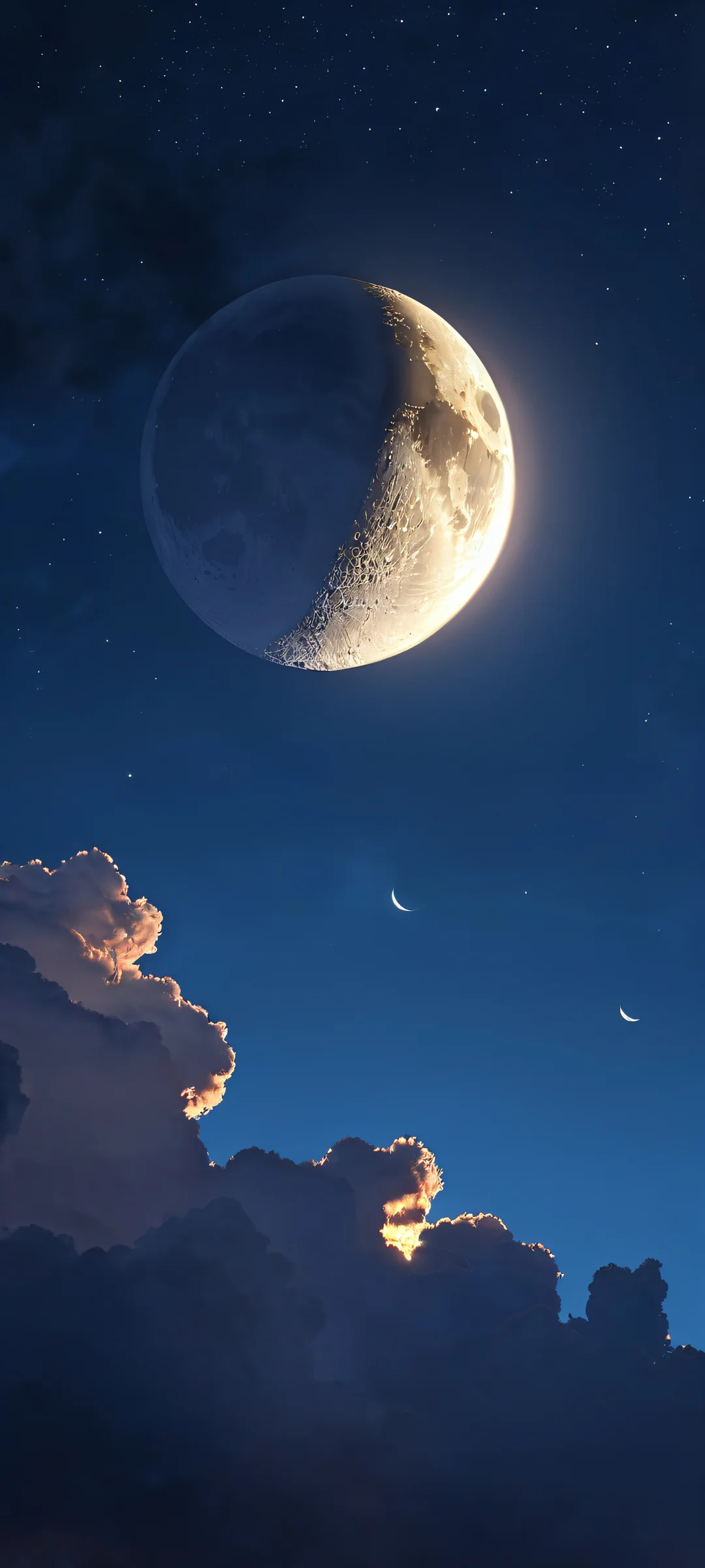 Glowing moon shining bright amidst dark clouds on an iPhone or Android home screen.