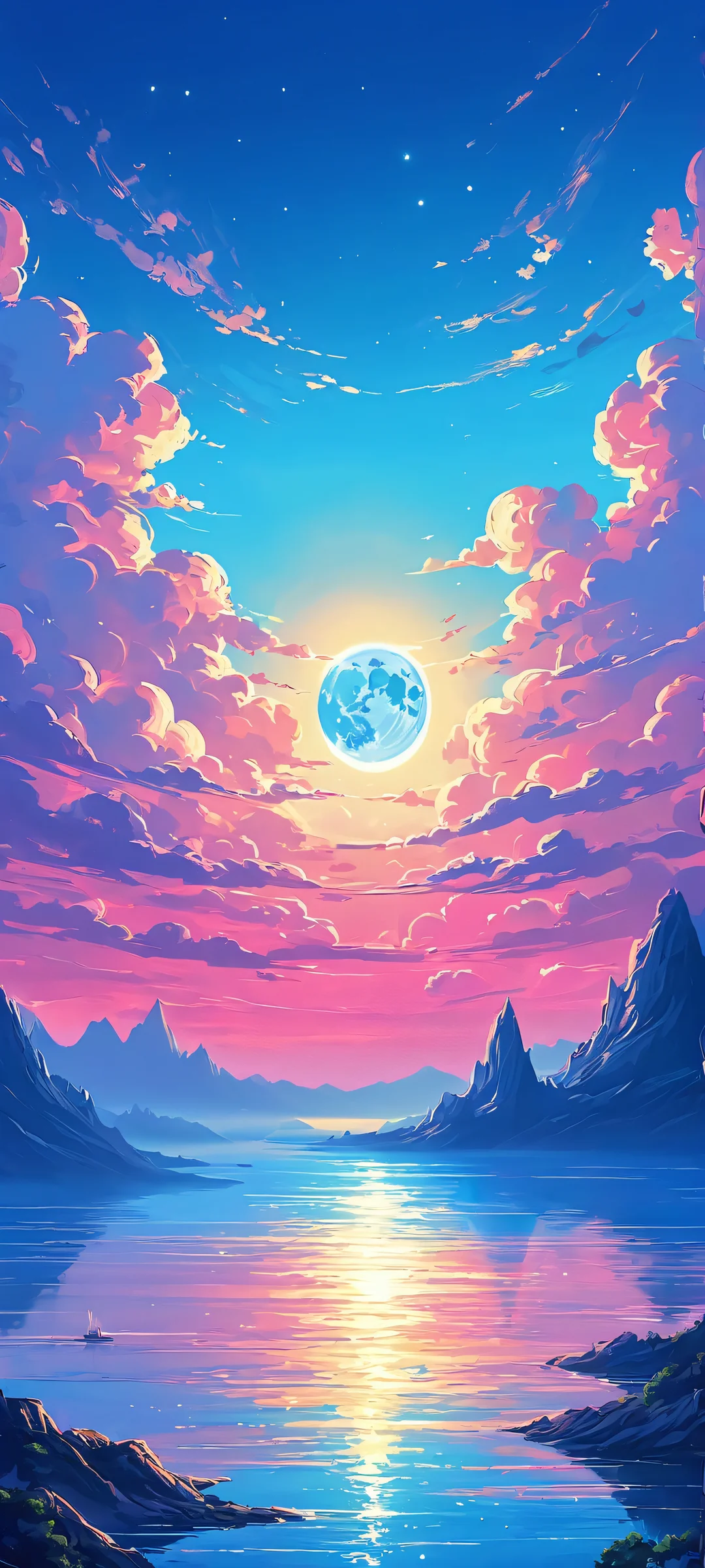 Breathtaking digital painting of a sunset on the moon's surface for your iPhone or Android device.