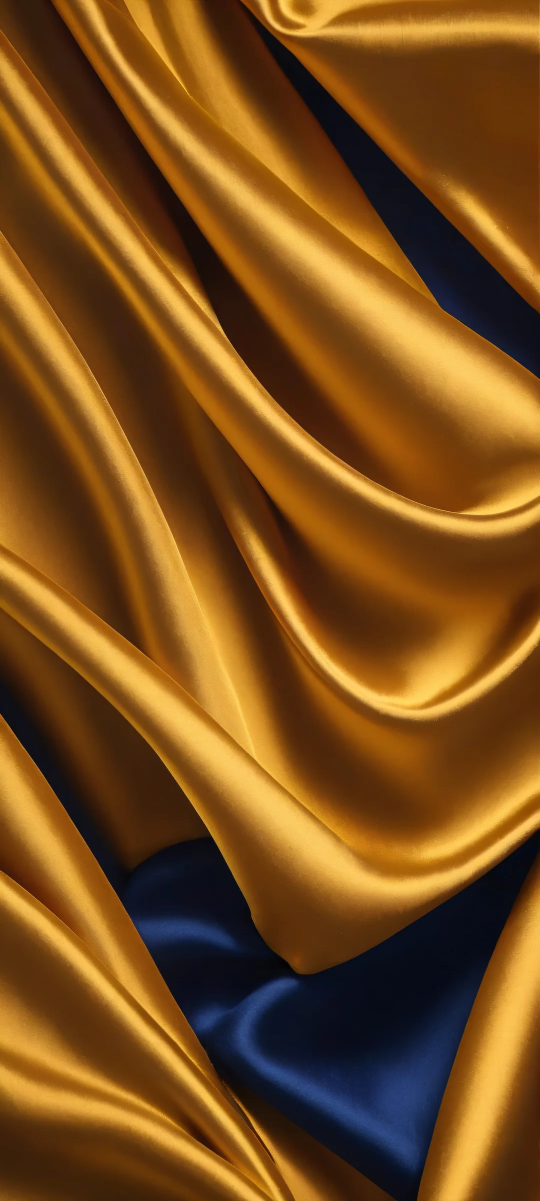 Darkness and rich gold silk folds on a deep navy blue background. Perfectly optimized for iPhone and Android home screens.