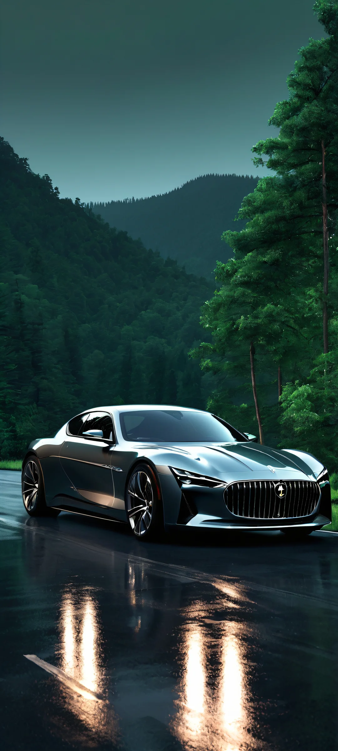 A dark and edgy luxury car amidst rocky cliffs under a lush green forest backdrop, perfekt für iPhone/Android-Startbildschirme.
