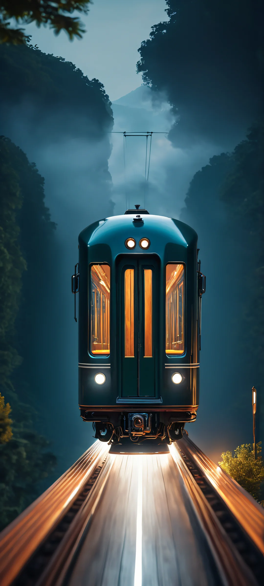 A futuristic train suspended in mid-air by magnetic levitation, perfect for iPhone/Android home screens.