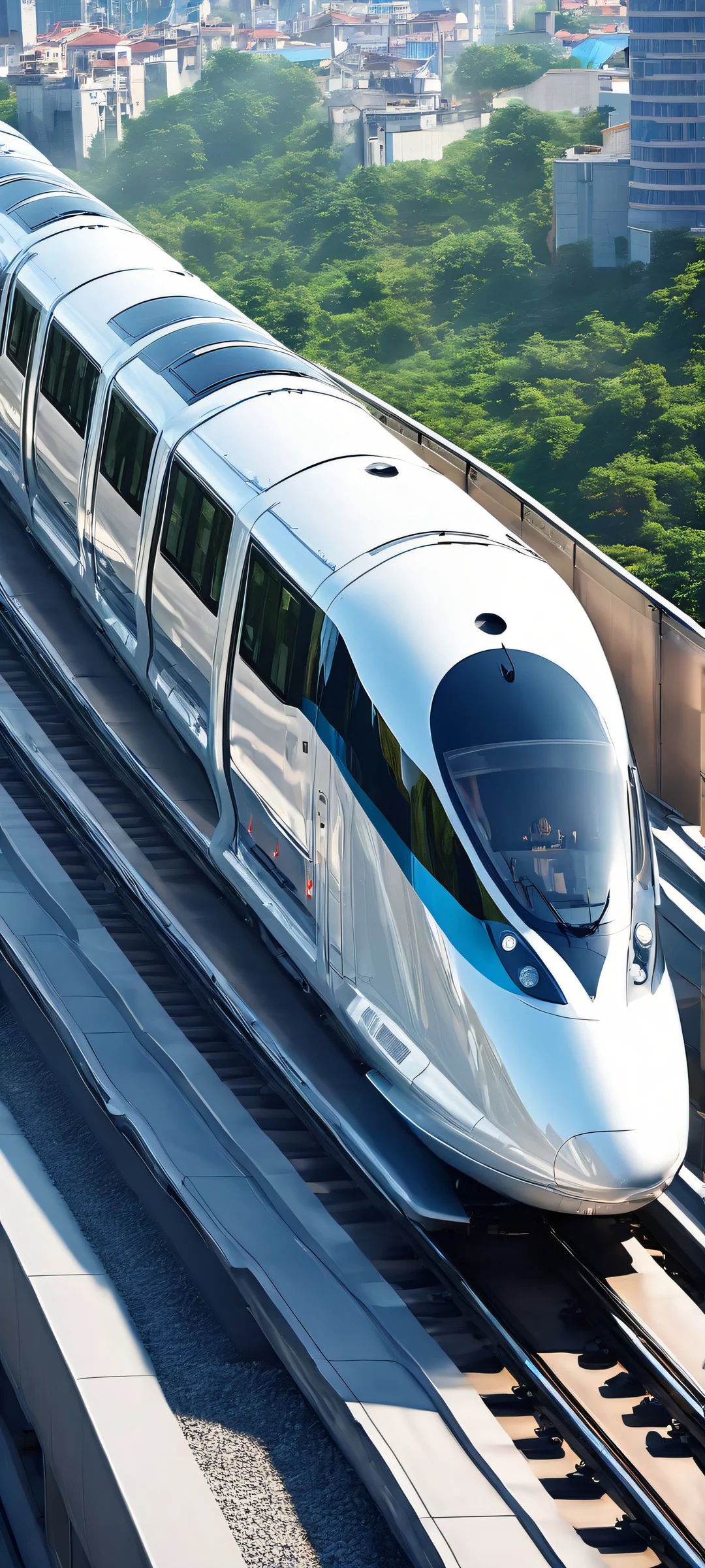 A stunning image of a magnetic levitation train hovering above a futuristic cityscape. Perfekt für iPhone- und Android-Startbildschirme.