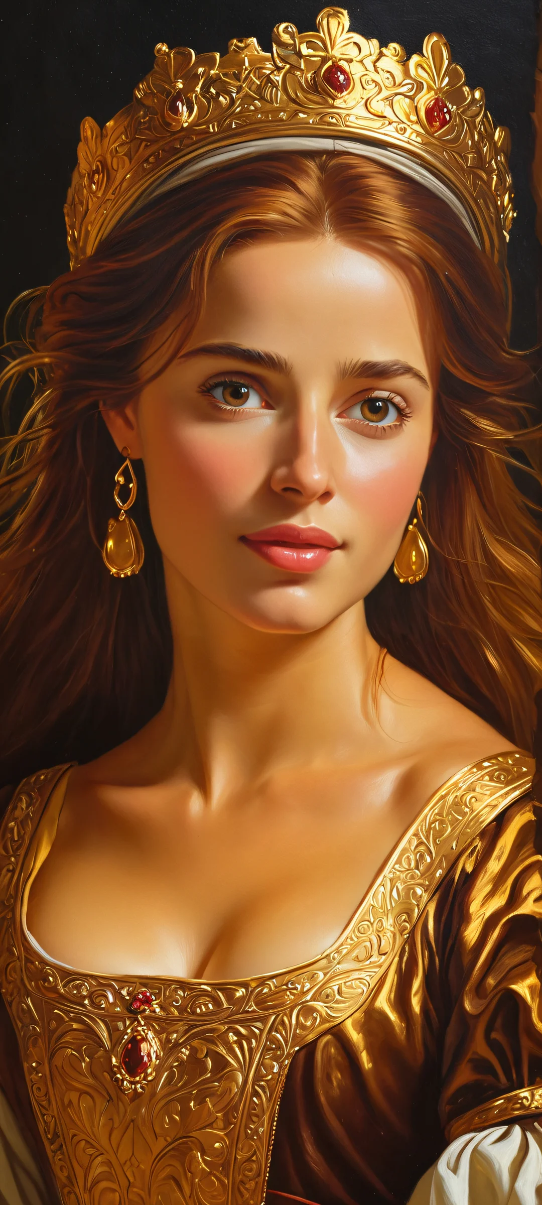 A stunning vertical mobile wallpaper of Maid Marian set against a dark background, created in an oil painting style with golden accents and soft cream tones. Perfect for iPhone/Android home screens.