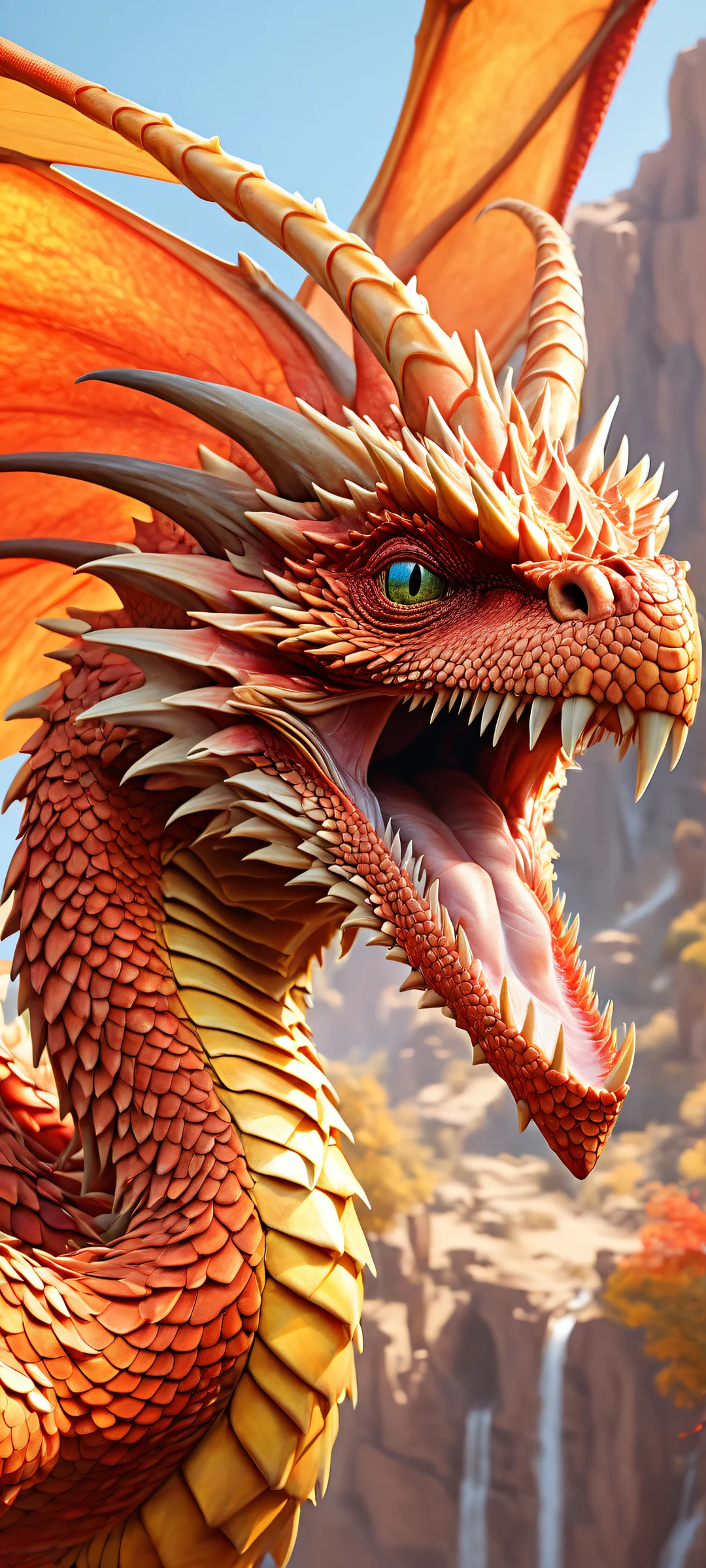 Majestic Dragon's Lair iPhone & Samsung QHD Wallpaper A majestic dragon in a whimsical landscape of fantastical flora and fauna, perfectly optimized for iPhone and Android home screens.