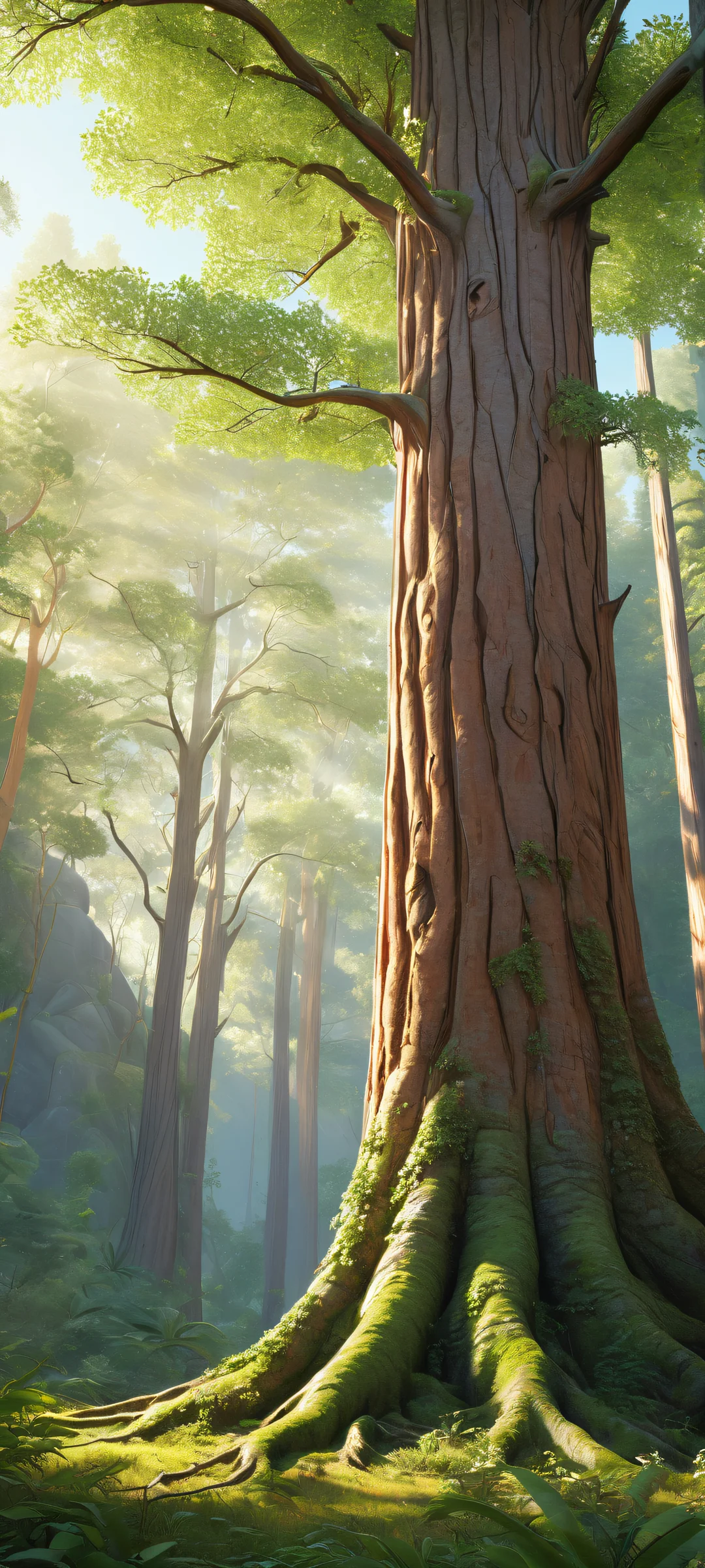 Majestic Forest Dawn 2K QHD Home Screen A serene and breathtaking iPhone/Android wallpaper featuring majestic trees in the lower-middle, with a vast pure void above and a gradual transition to a stunning forest landscape. Perfectly optimized for your iPhone, Samsung Galaxy, or Android home screen.