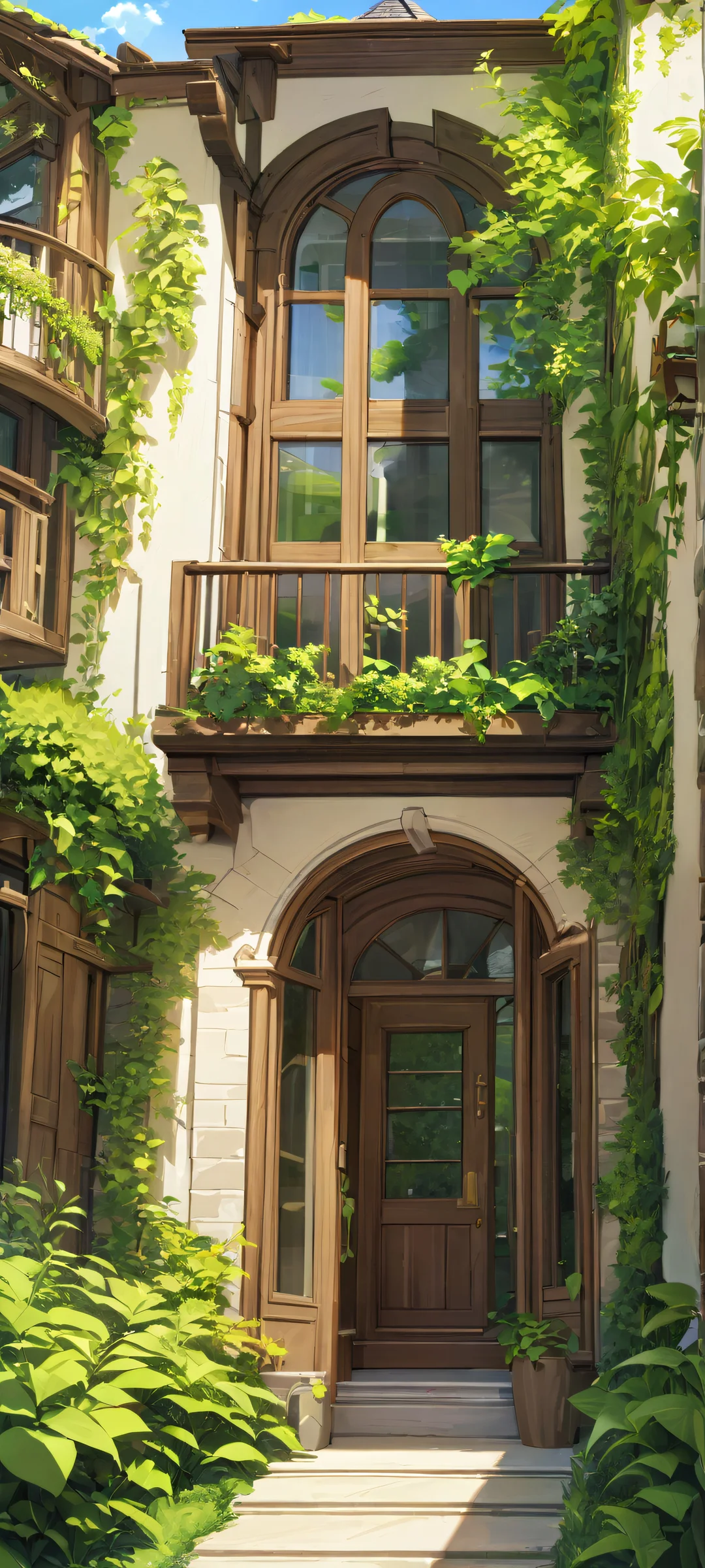 A stunning vertical mobile wallpaper of a beautiful house exterior with lush greenery and vibrant yellow accents, perfectly suited for iPhone/Android devices.