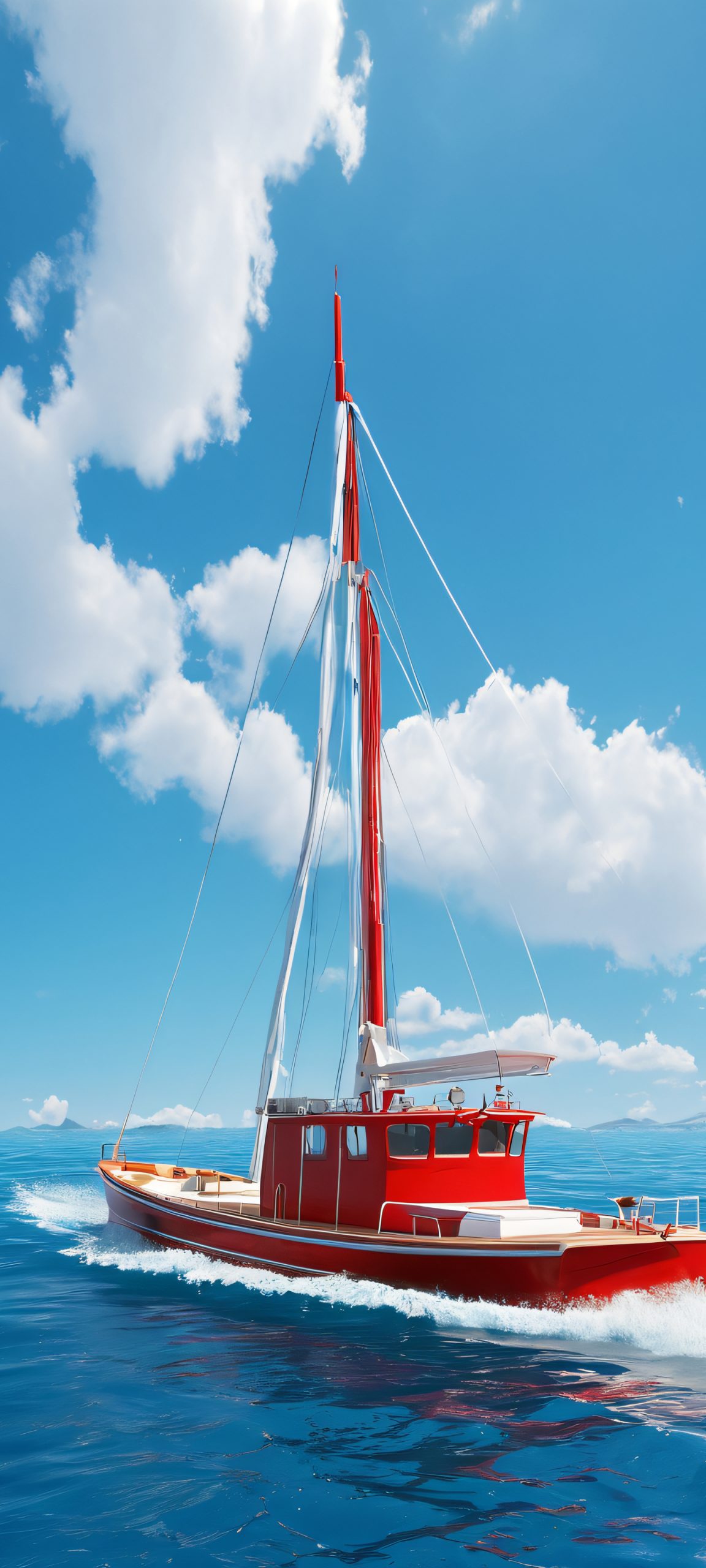 A stunning vertical mobile wallpaper featuring a majestic red sailboat gliding across the calm sea, perfect for iPhone and Android home screens.