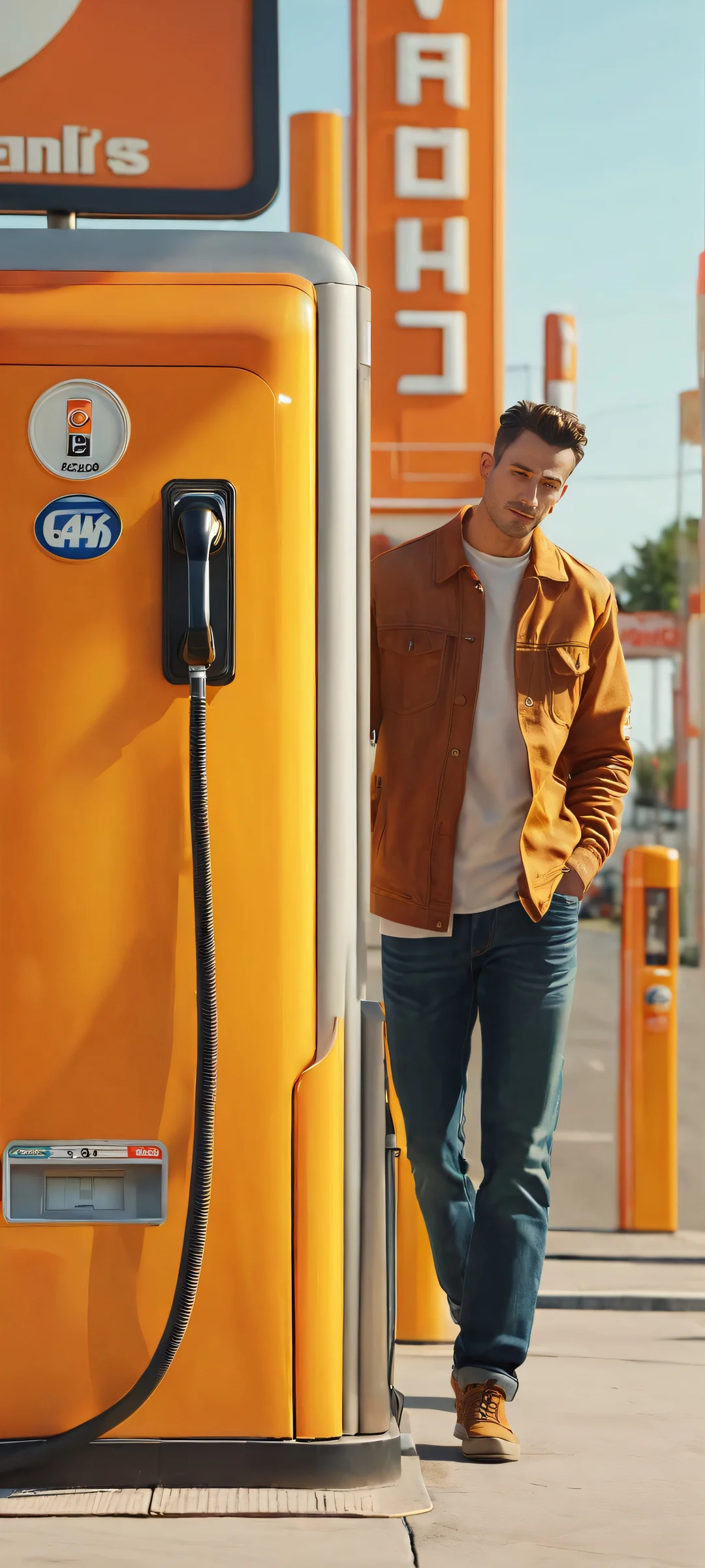 Pumping Up the Fun Lock Screen for iOS & Android A man enjoying a funny moment in front of a vintage gas station sign on iPhone/Android
