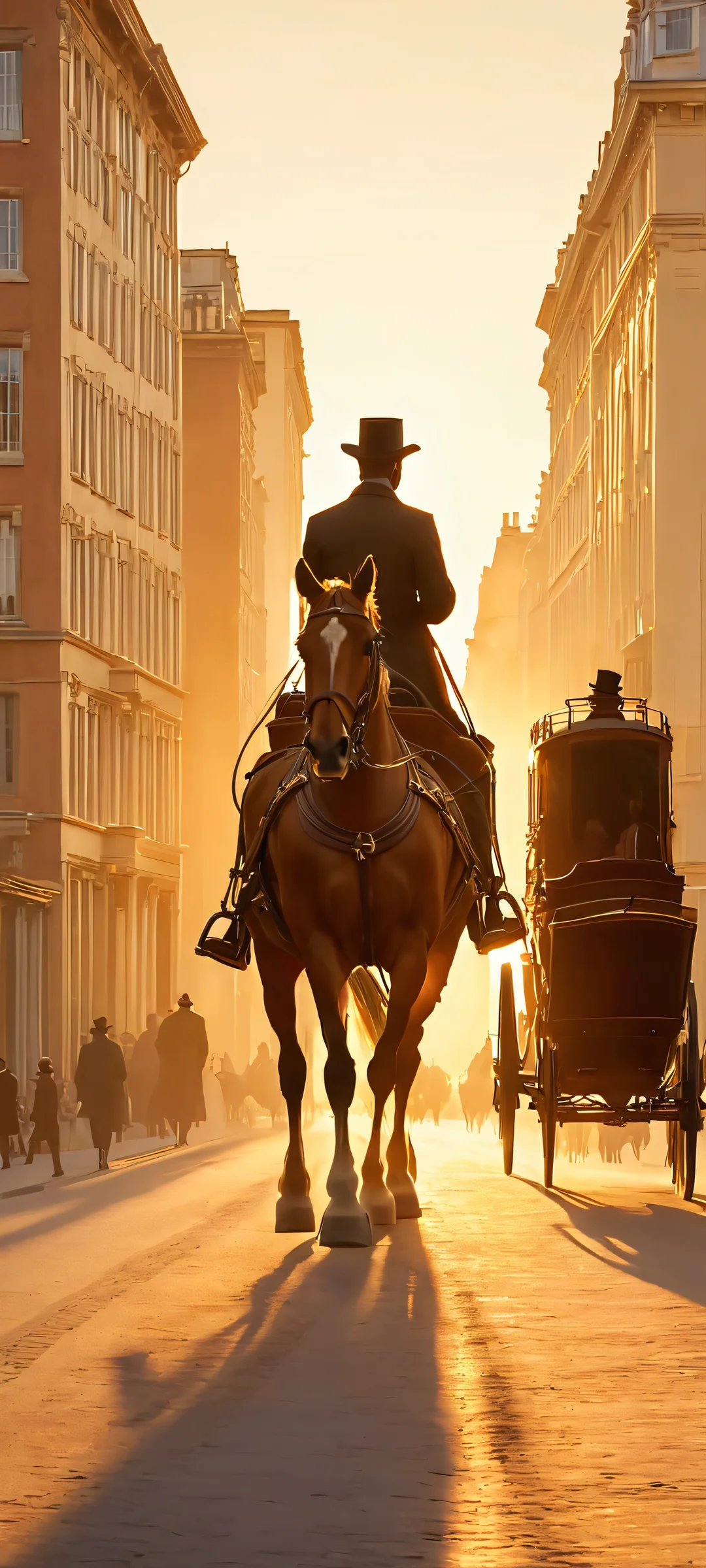 A charming illustration of a man leading a horse-drawn stage coach through an urban landscape during the golden hour. Perfect for iPhone and Android devices.