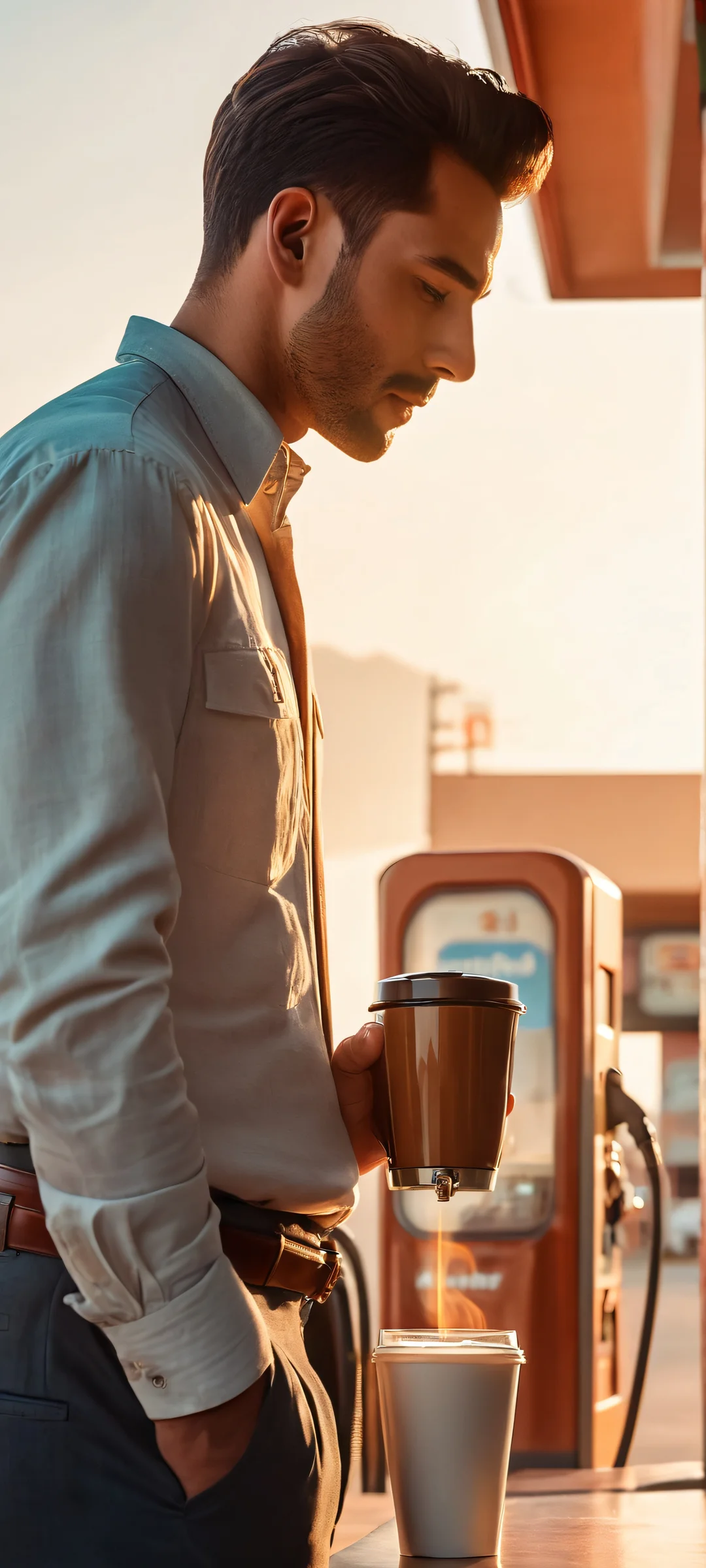 Man with coffee at a realistic gas station, perfectly lit with soft natural light and warm earth tones. Perfect for your iPhone or Android home screen.