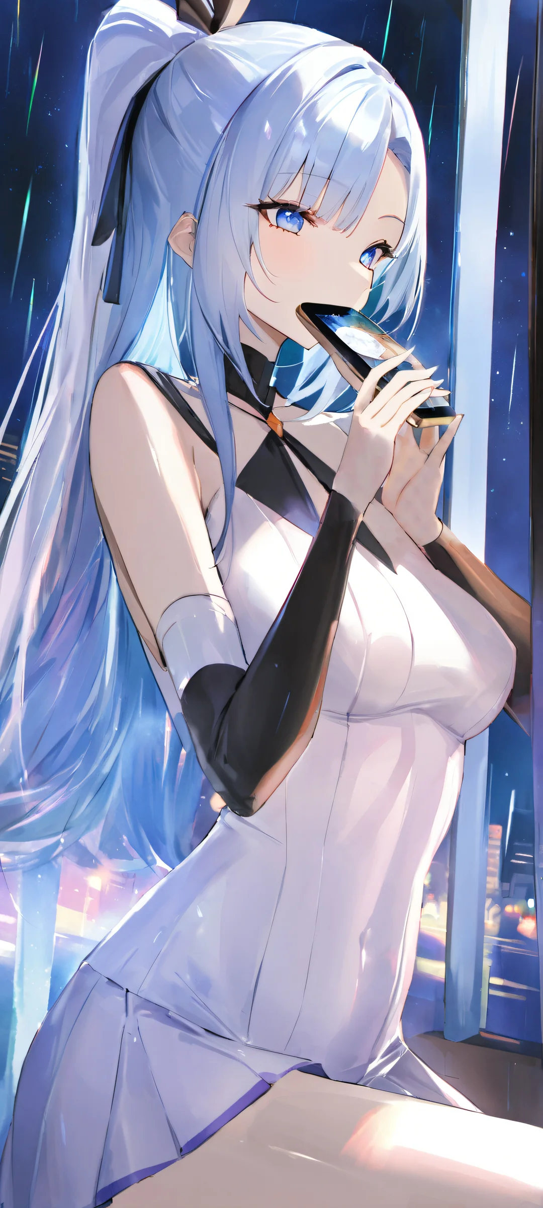 A masked heroine shines brightly on a rainy night, iPhone and Android users will love this watercolor masterpiece featuring soft glow and vibrant colors.