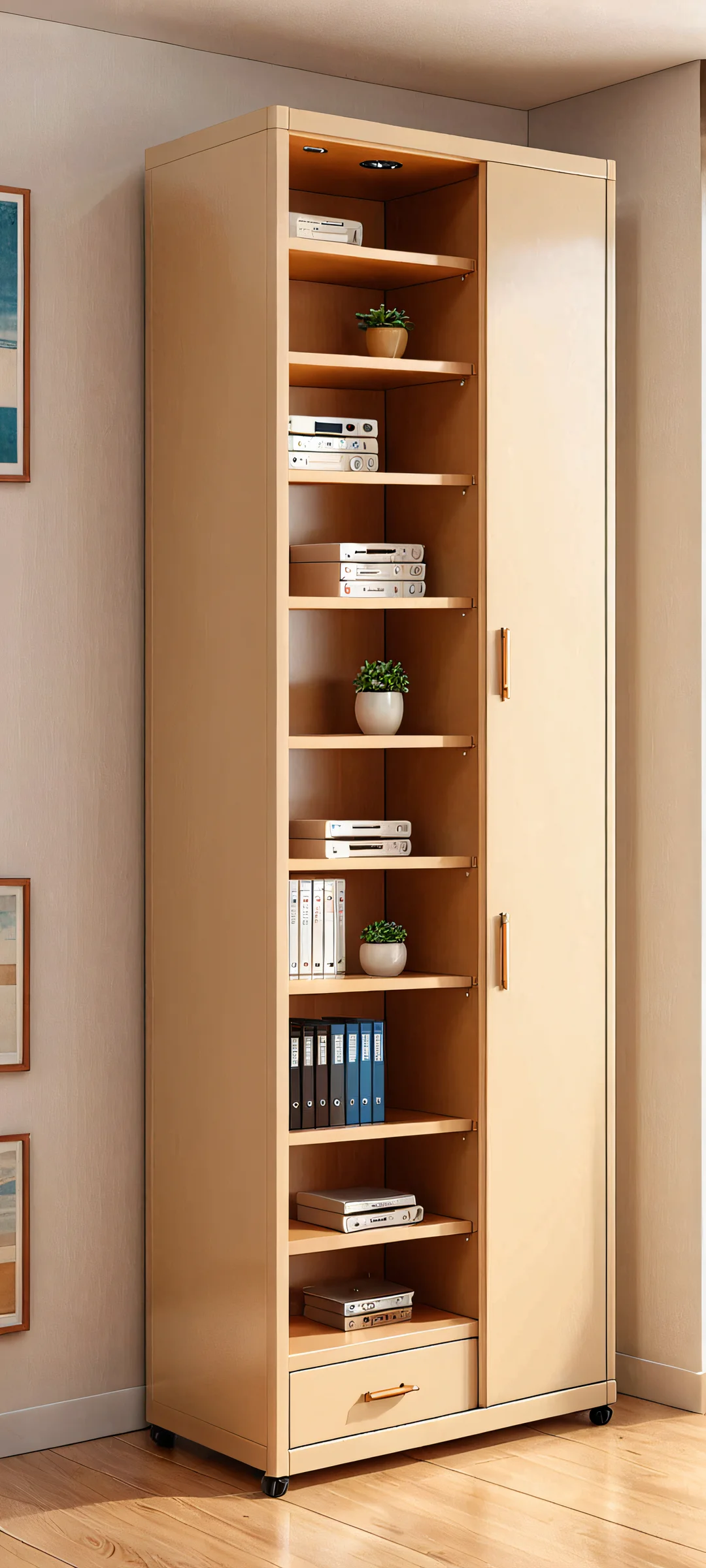 A stunning storage unit with a beautiful beige and brown design, perfectly optimized for iPhone/Android home screens.