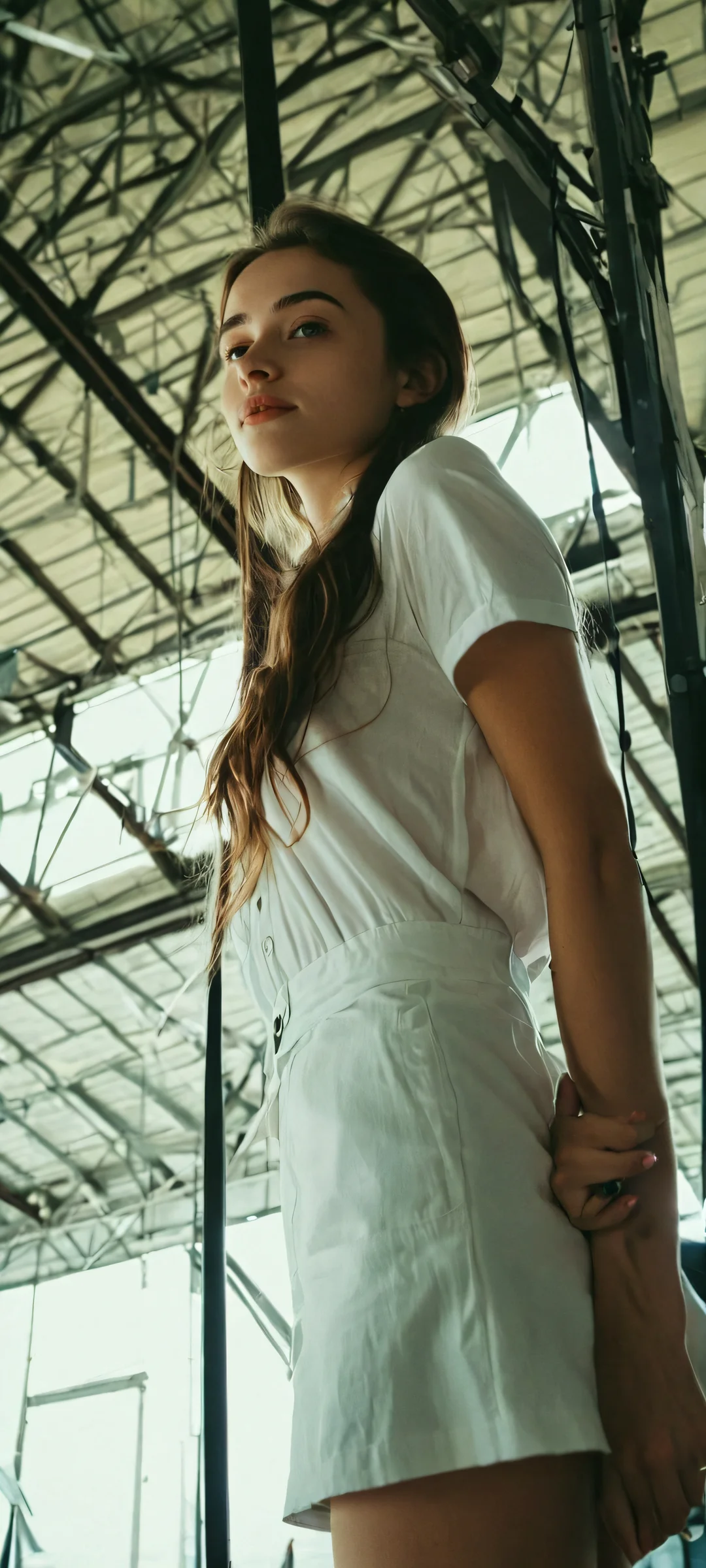 A beautiful lineart illustration of a girl standing in a dark hangar, perfectly optimized for iPhone and Android home screens.