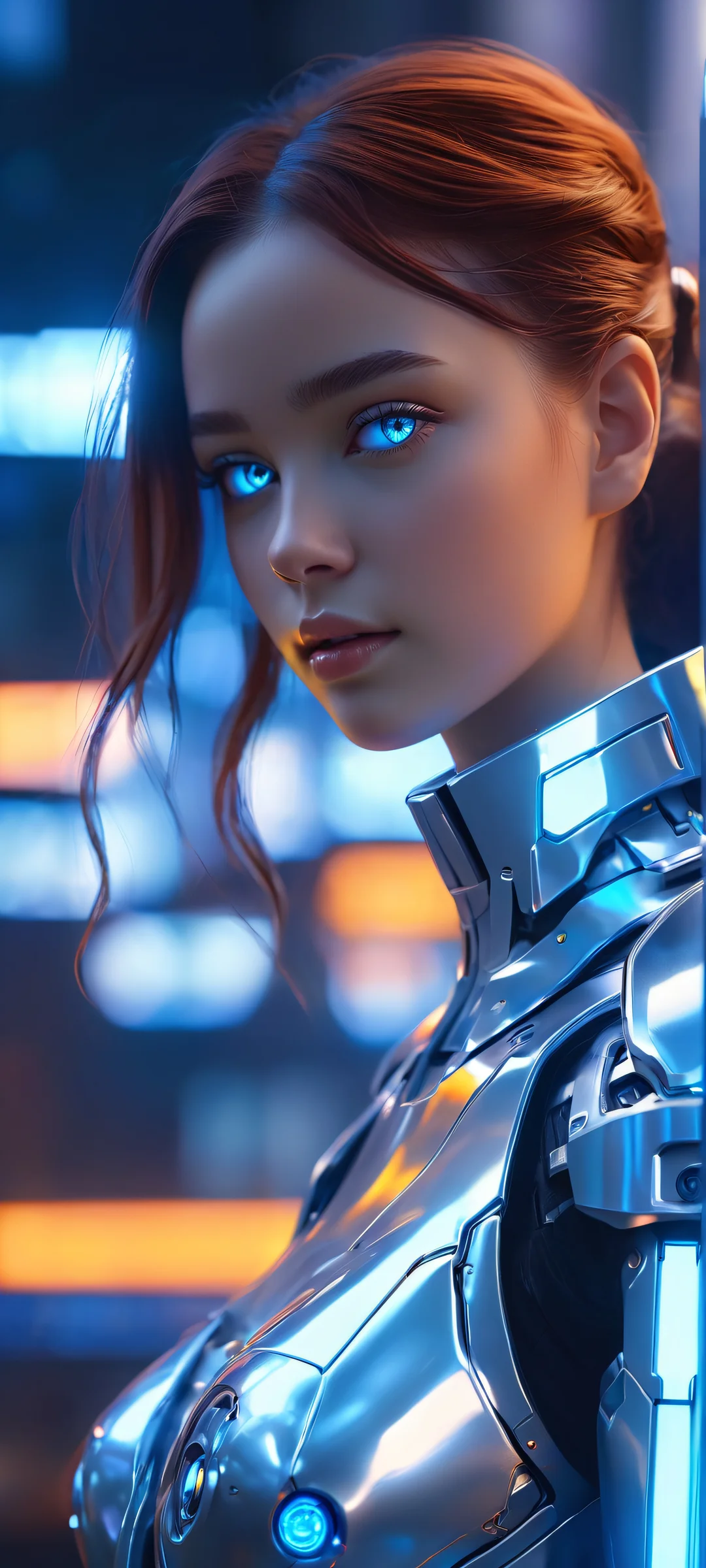 A futuristic mecha girl interface on a darkened metallic background with soft blue tones, perfect for iPhone or Android home screens.