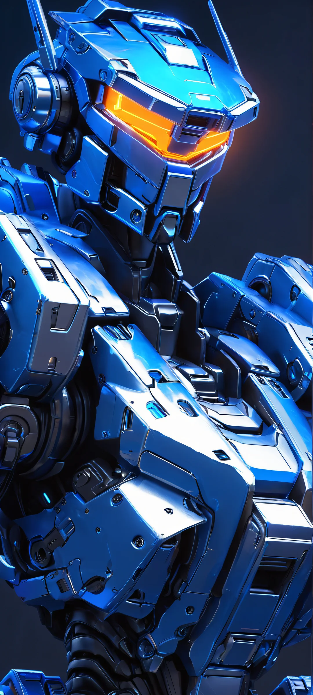 Epic vertical mobile phone wallpaper of a glowing mecha in neon blue and metallic silver, perfect for iPhone and Android home screens.